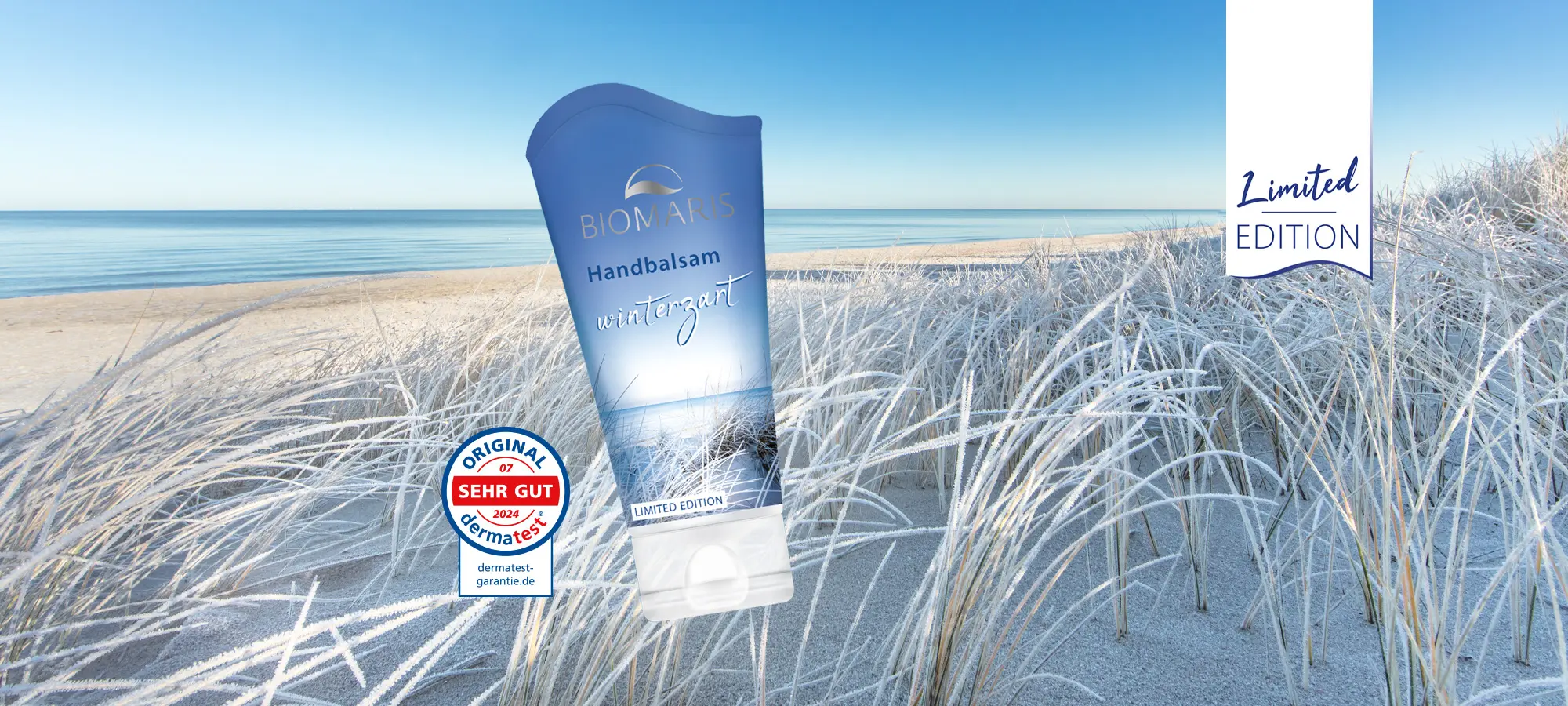 Handbalsam winterzart in blauer Tube mit Klappdeckel auf maritimen Hintergrund, Limited Edition und dermatest Siegel
