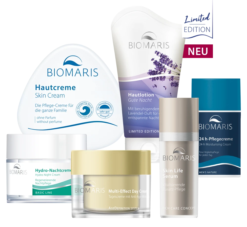 Repräsentative Auswahl von BIOMARIS Pflegeprodukten.