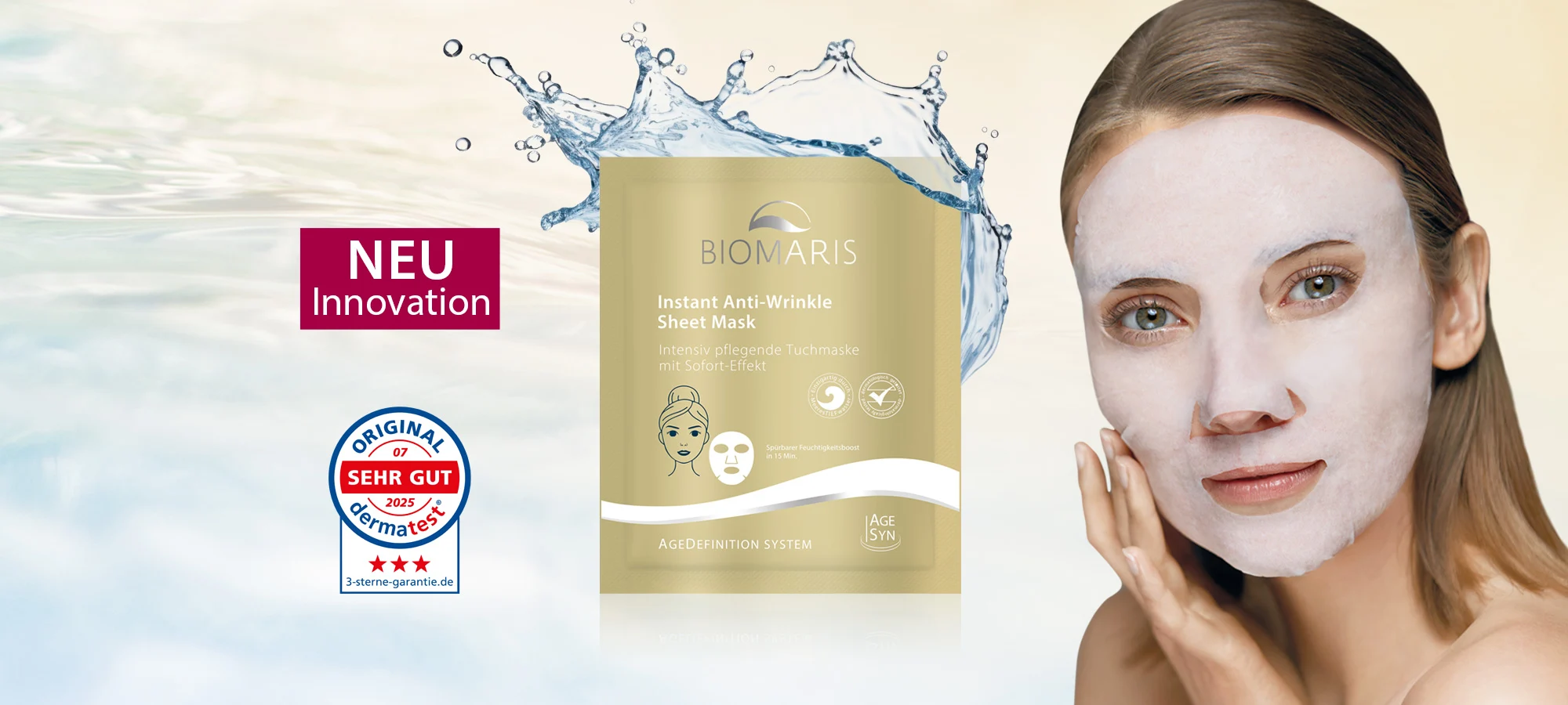 Goldfarbenes Sachet der Instant Anti-Wrinkle Sheet Mask, danaben eine Frau mit Tuchmaske im Gesicht. Dermatest Siegel und Neu Innovation Label.