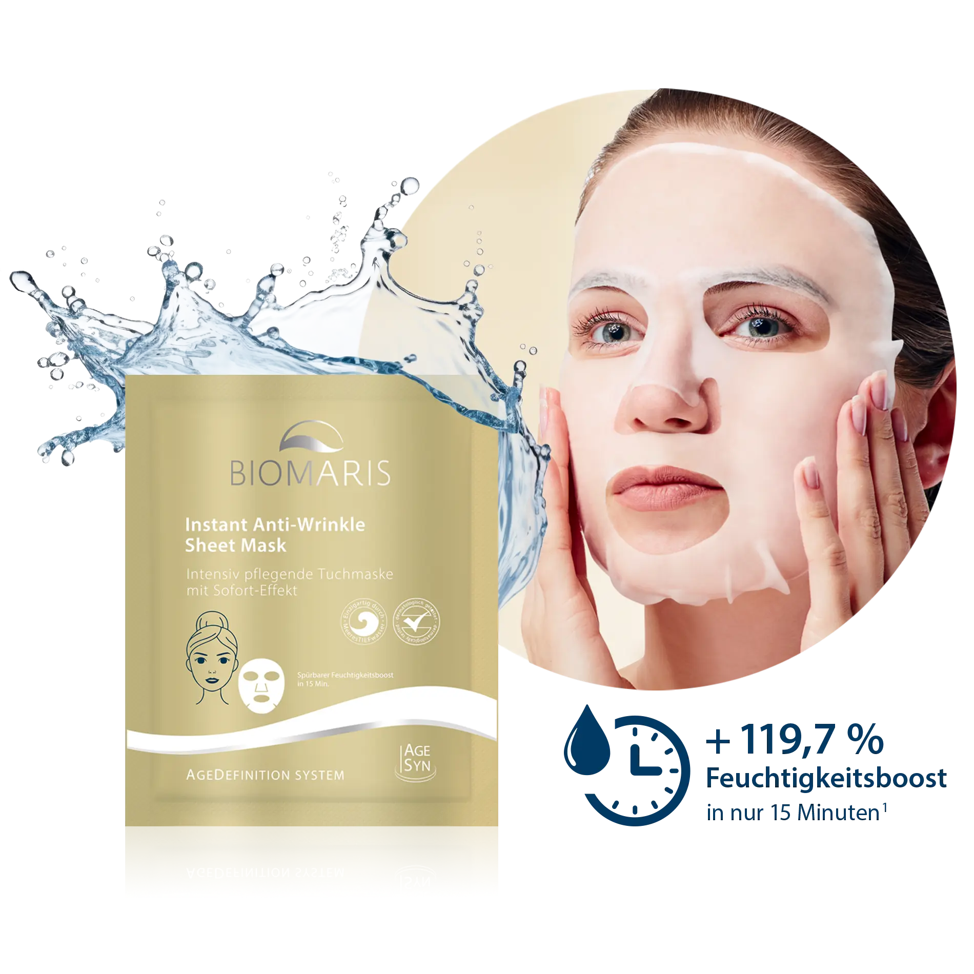 Instant Anti-Wrinkle Sheet Mask Instant Anti-Wrinkle Sheet Mask vor Wassersplash, vor Frau mit aufgelegter Tuchmaske und Text '119,7 % Feuchtigkeitsboost in nur 15 Minuten'