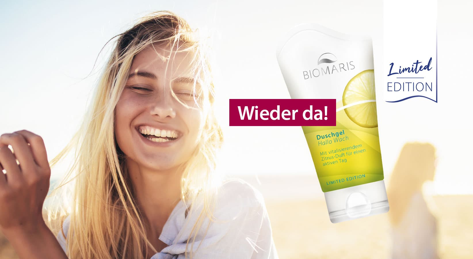 Zum Artikel der Sommer Limited Editions 2026, Frau, Lächeln, Blonde, Strand, Duschgel?