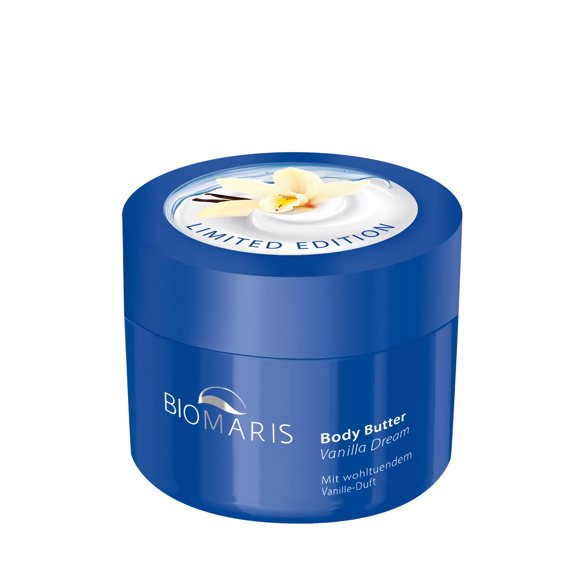 Body Butter Vanilla Dream in blauem Tiegel mit Schraubverschluss, mit Vanilleblüte und „Limited Edition“-Kennzeichnung