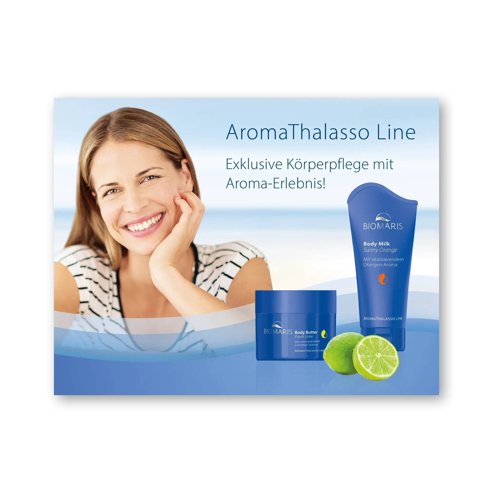 Probenset AromaThalasso Line Probenset AromaThalasso Line, Titelbild mit lächelnder Frau, zwei Produkten und Limettenhälfte auf blauem Hintergrund