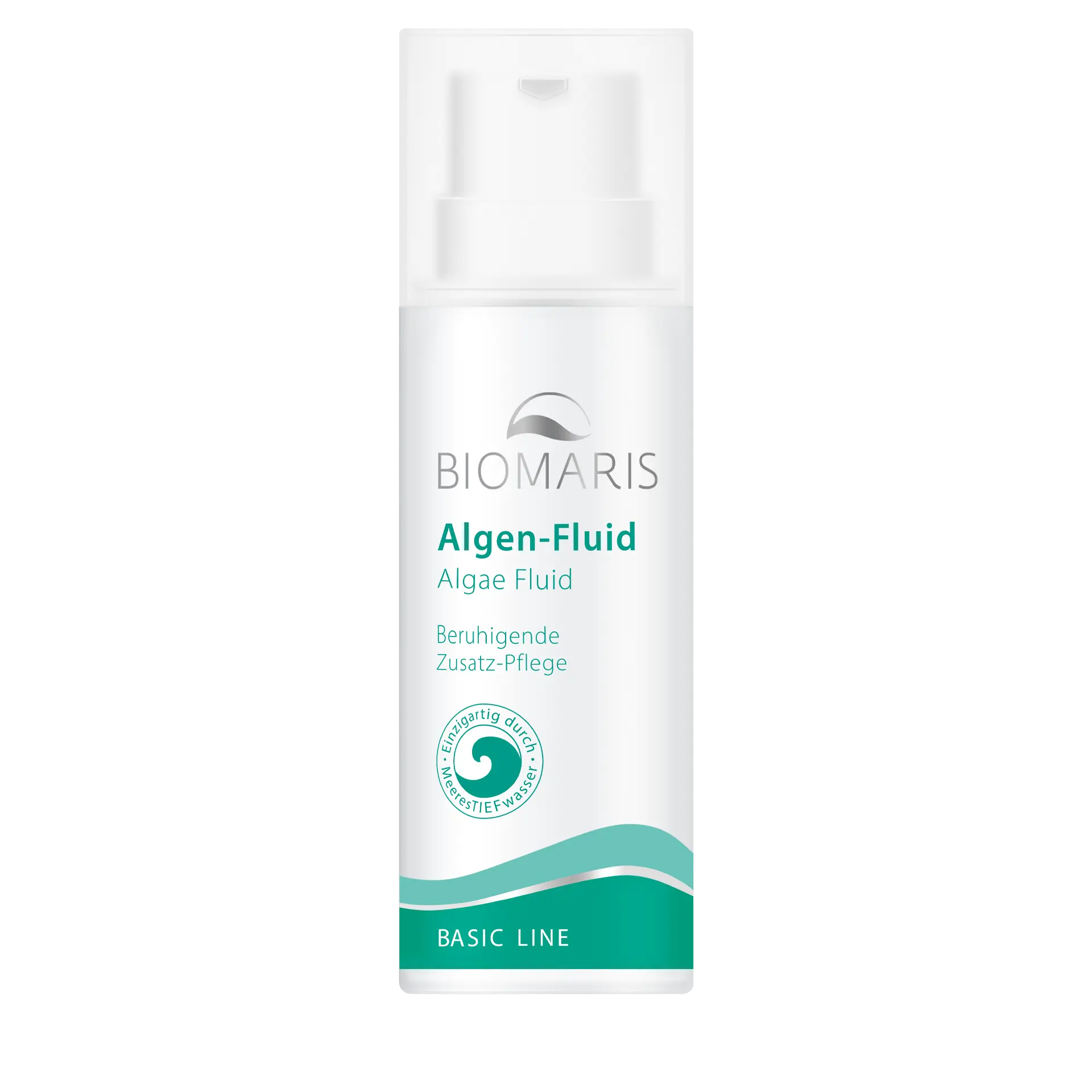 Algen-Fluid Zusatz-Pflege im Pumpspender, Algen-Fluid, Gesichtspflege, Pumpflasche, beruhigende Pflege, weiß-türkis, Algen-Fluid, Gesichtspflege, Pflegefluid, Pumpflasche, weiß-türkis