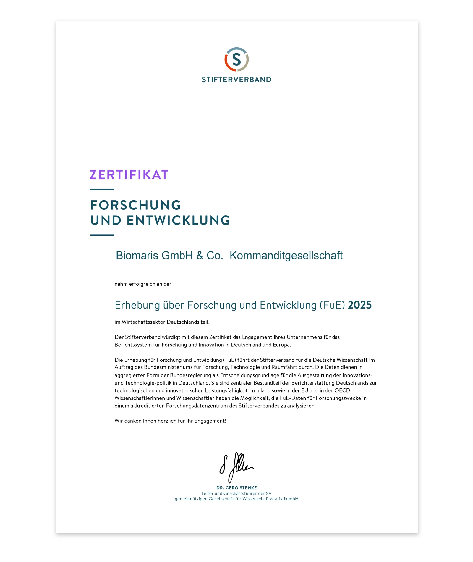 Zertifikat ausgestellt vom Stifterverband zur Würdigung des Engagements für das Berichtssystem für Forschung und Innovation in Deutschland und Europa.