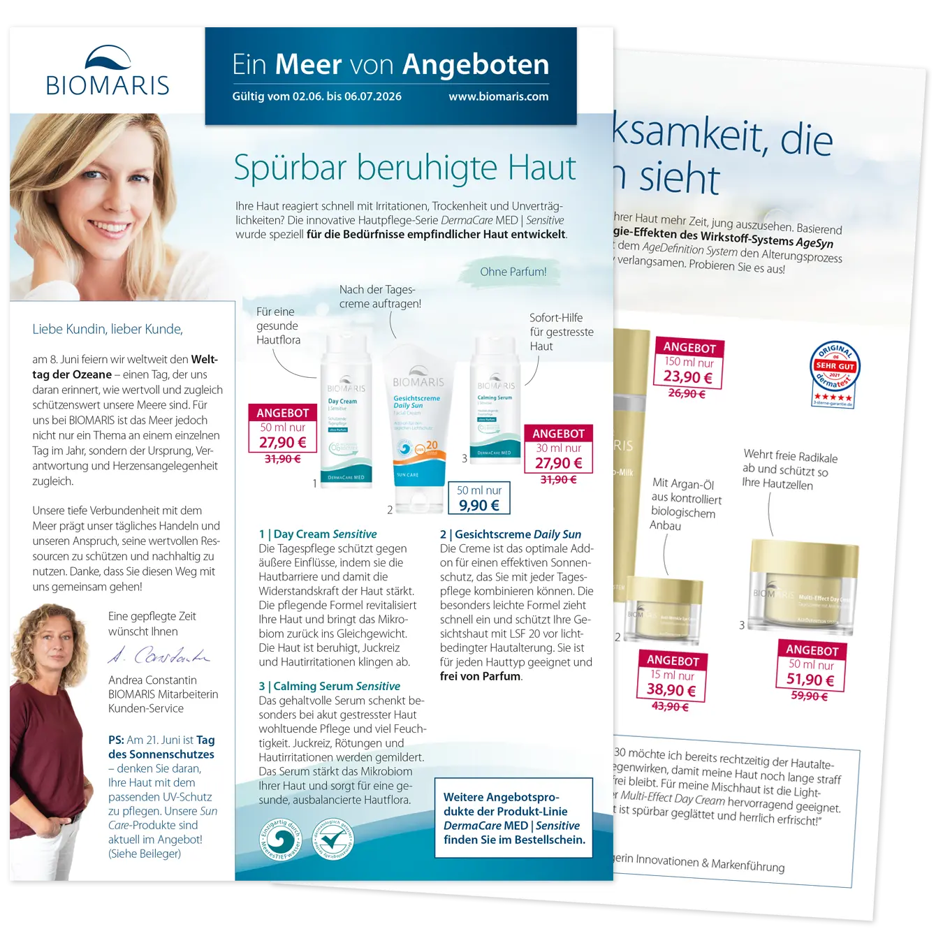 Ein Meer von Angeboten Angebotsflyer mit Pflegeprodukten und Rabattpreisen, zeigt Seite 1 und Seite 2 des aktuellen Mailings