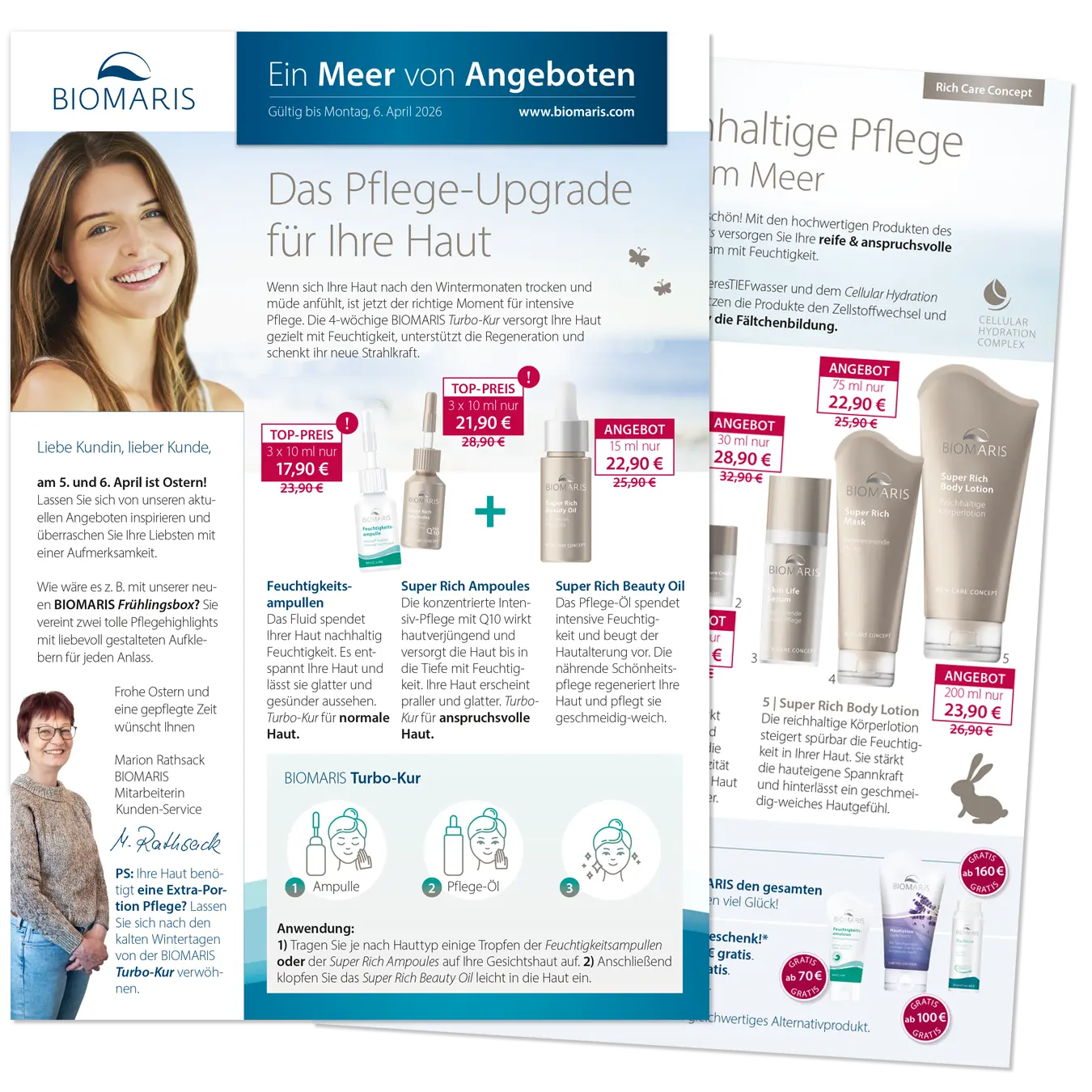 Angebotsflyer mit Pflegeprodukten und Rabattpreisen, zeigt Seite 1 und Seite 2 des aktuellen Mailings