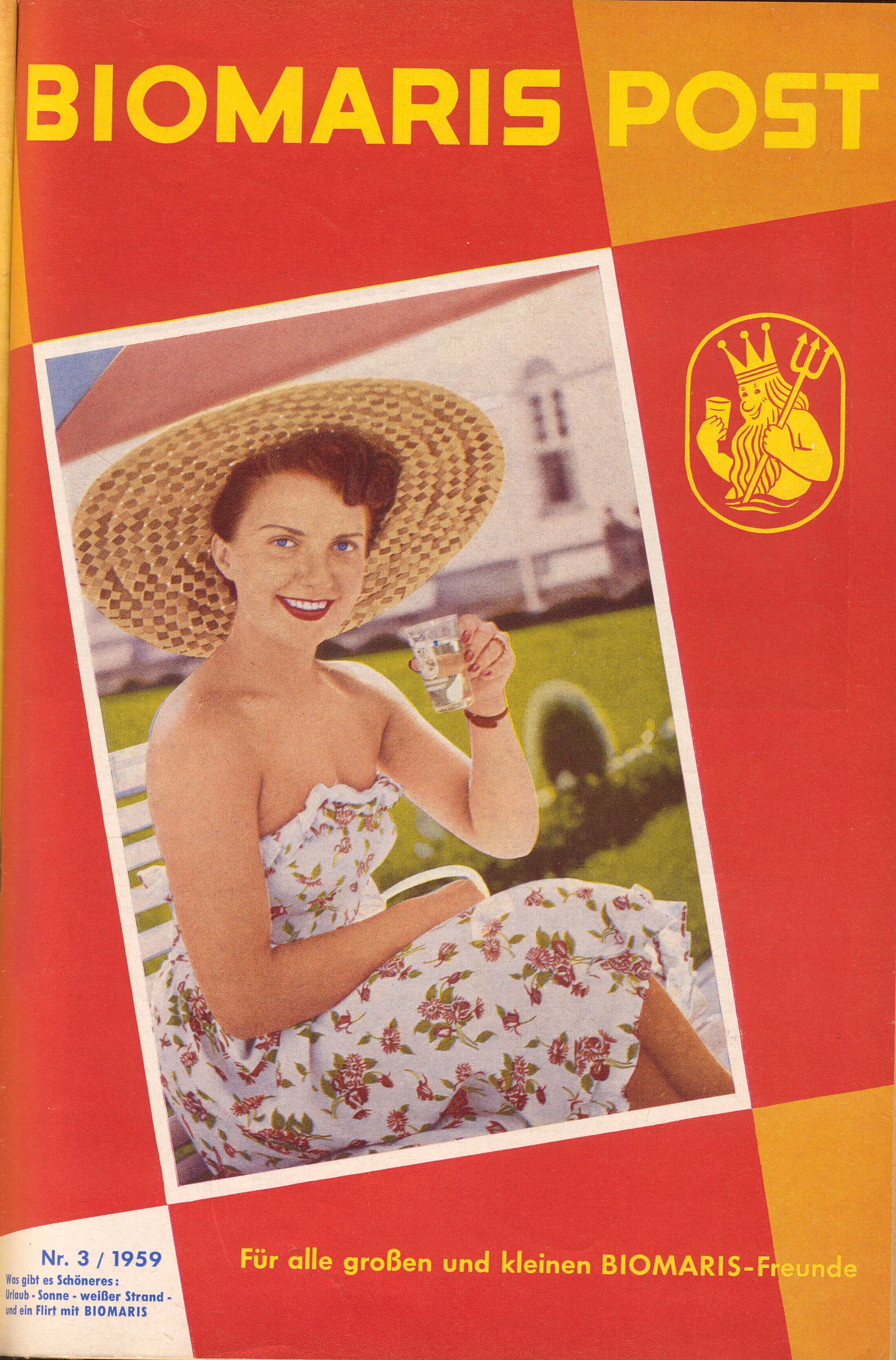 BIOMARIS Post 1959 Titelblatt der BIOMARIS Post 1959 mit Frau im Sommerkleid und Sonnenhut, Text „Für alle großen und kleinen BIOMARIS-Freunde“
