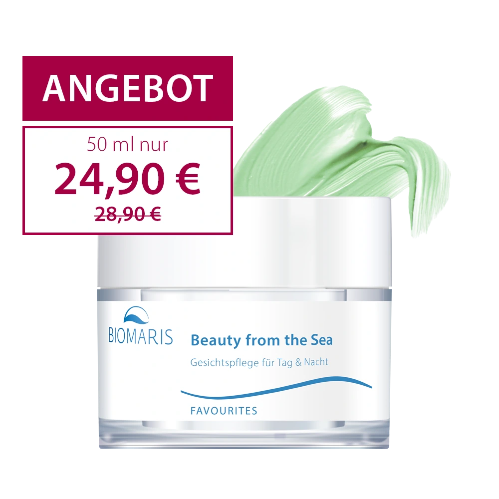 Gesichtspflege „Beauty from the Sea“ in rundem Tiegel mit Schraubdeckel zum Angebotspreis vom 24,90 €.