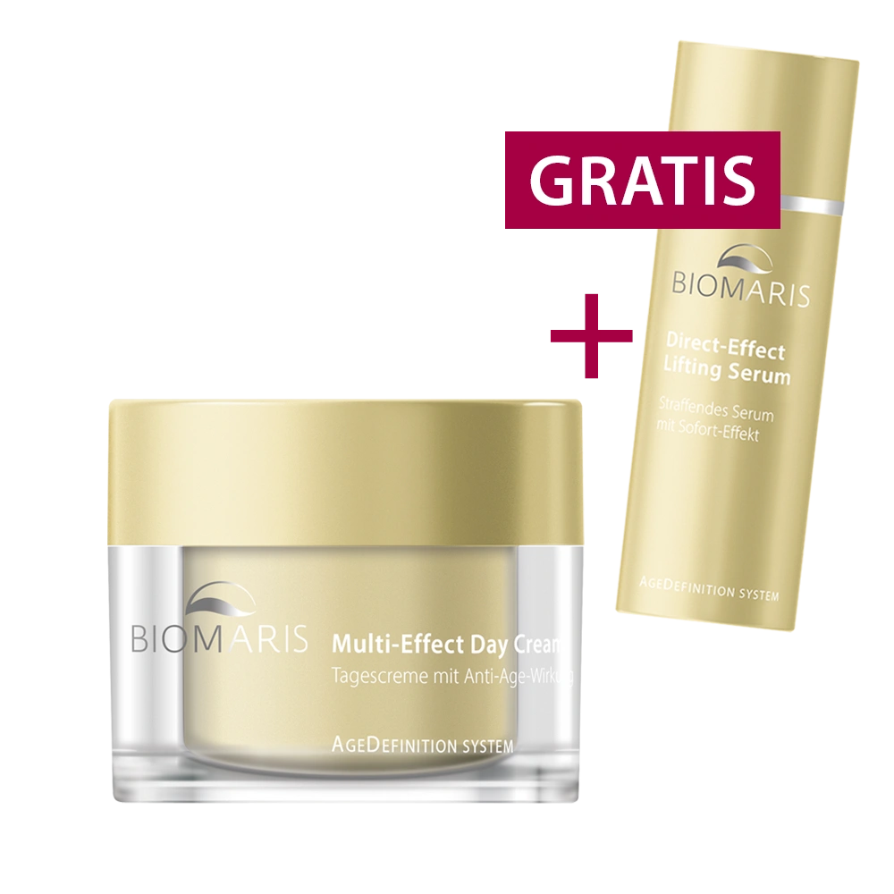 Multi-Effect Day Cream im Tiegel und Direct-Effect Lifting Serum in 10ml Sondergröße nebeneinander