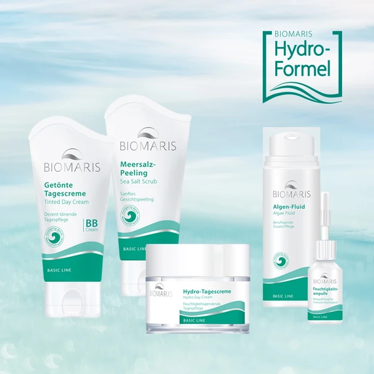 Produkte der Pflegelinie BIOMARIS Basic Line mit Hydro-Formel-Icon auf maritimen Hintergrund