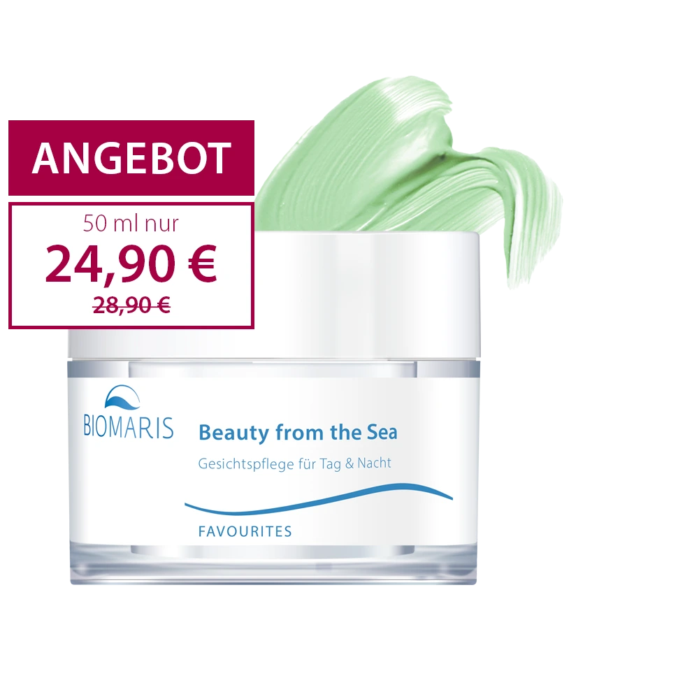 Gesichtspflege „Beauty from the Sea“ in rundem Tiegel mit Schraubdeckel zum Angebotspreis vom 24,90 €.