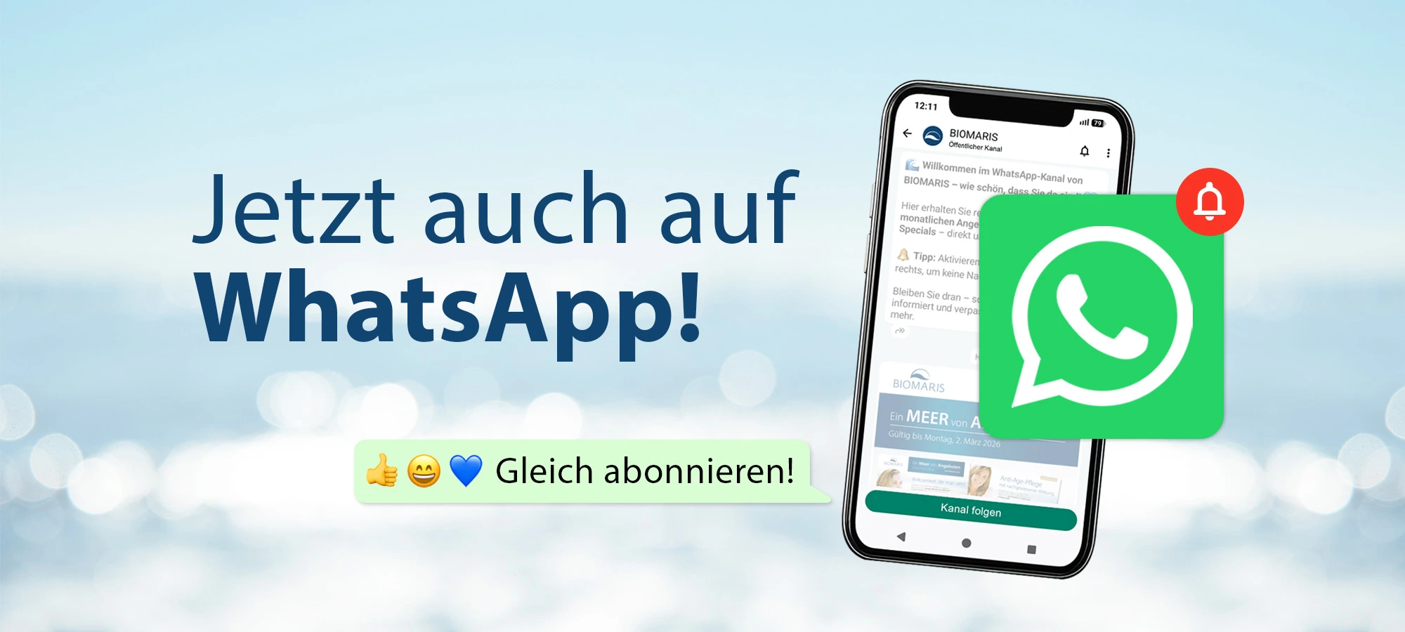 NEU: Aktionen & Angebote per WhatsApp erhalten Text „Jetzt auch auf WhatsApp“, Smartphone mit WhatsApp-Kanal und WhatsApp-Icon sowie Hinweis „Gleich abonnieren!“