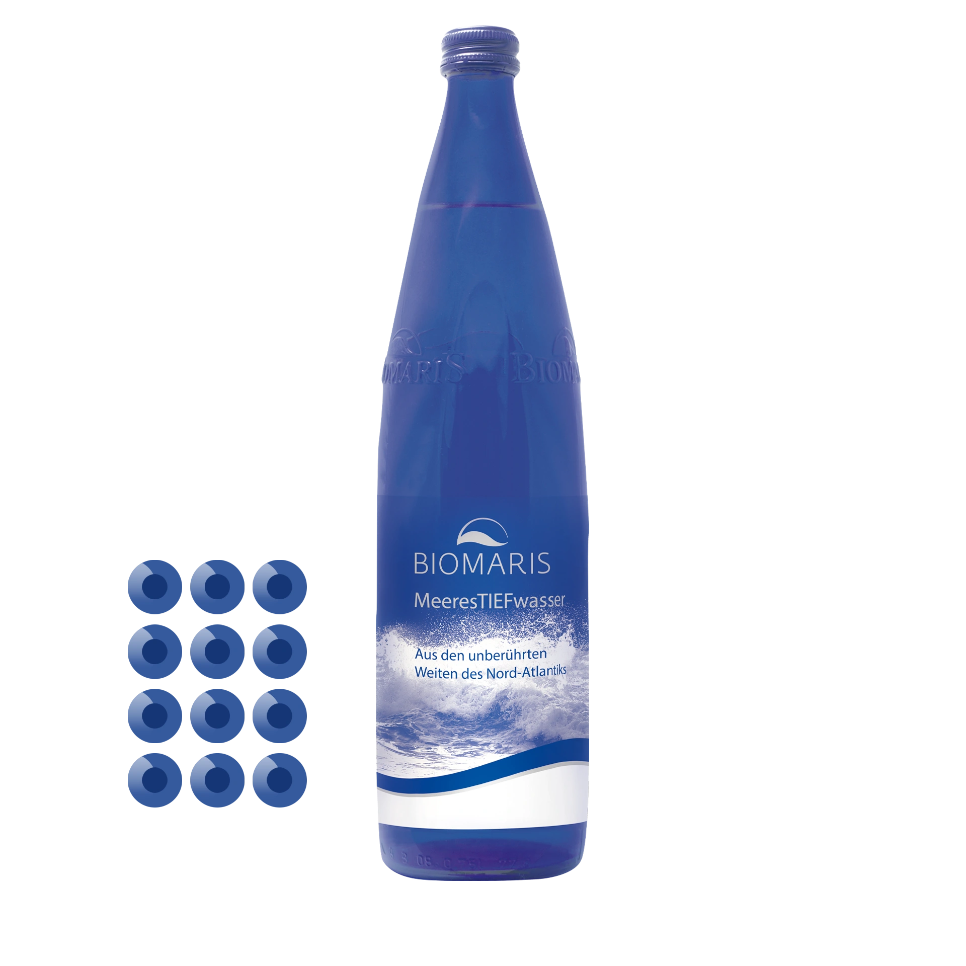 MeeresTIEFwasser 12er MeeresTIEFwasser 12er, blaue Glasflasche mit Etikett, Darstellung von 12 Flaschen im Karton