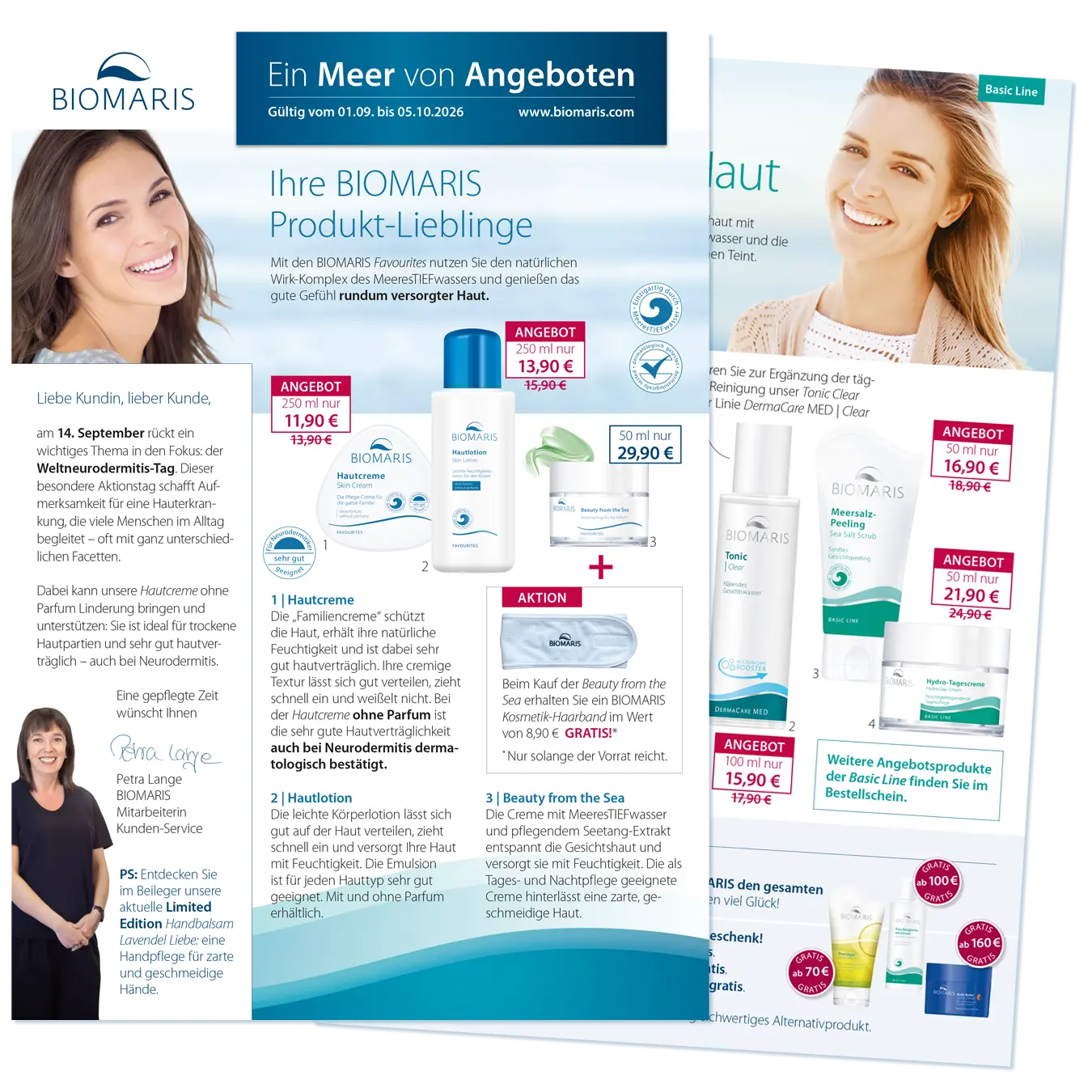 Angebotsflyer mit Pflegeprodukten und Rabattpreisen, zeigt Seite 1 und Seite 2 des aktuellen Mailings