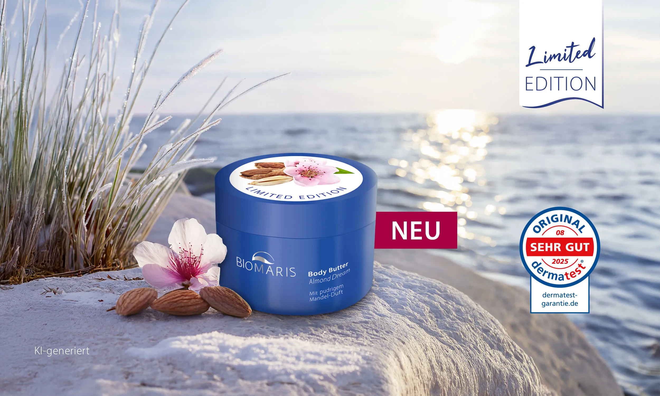, Body Butter, Mandeln, Blauer Behälter, Limitierte Edition, Strandkulisse