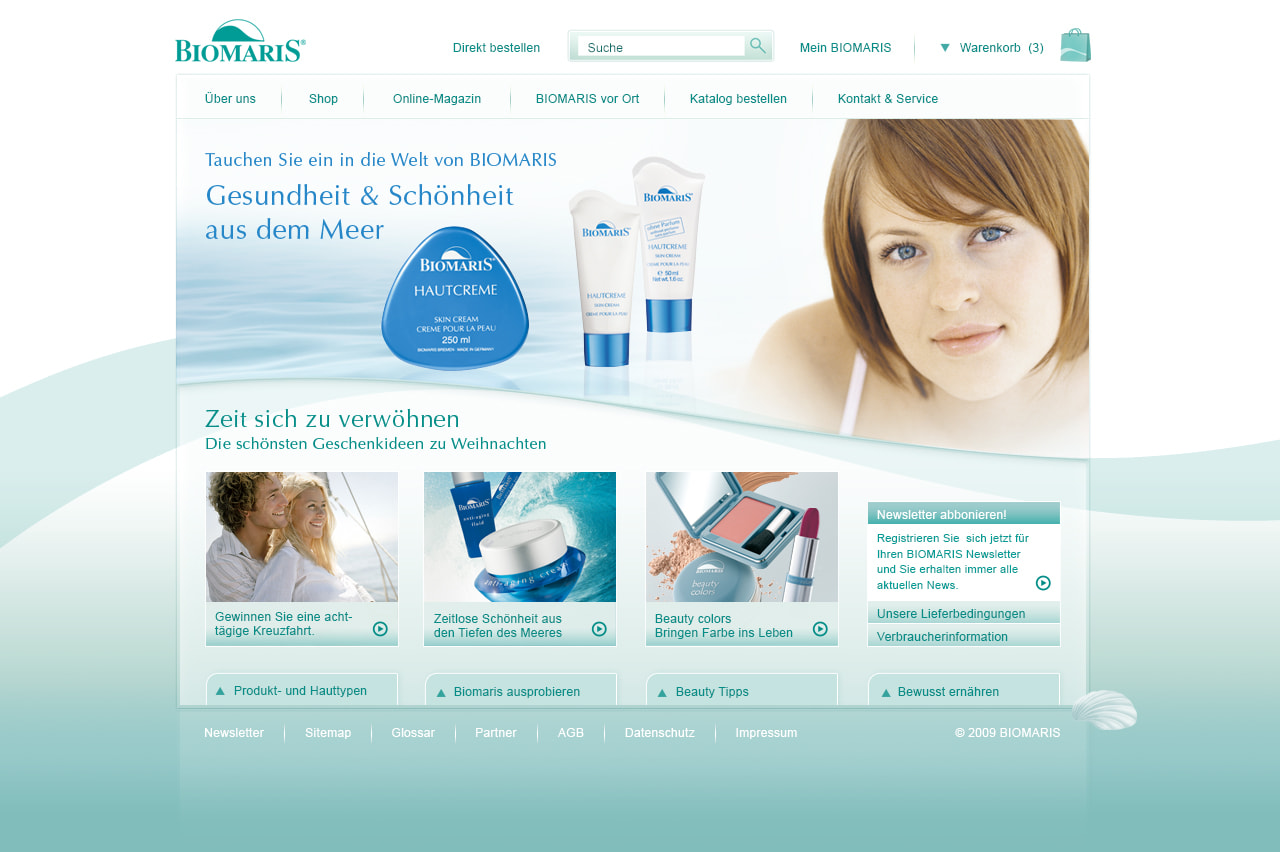 Biomaris Website 2011 Anischt der BIOMARIS-Website von 2011 mit Produktpräsentationen, Navigation und Hinweisen auf Geschenkideen und Beauty-Tipps.
