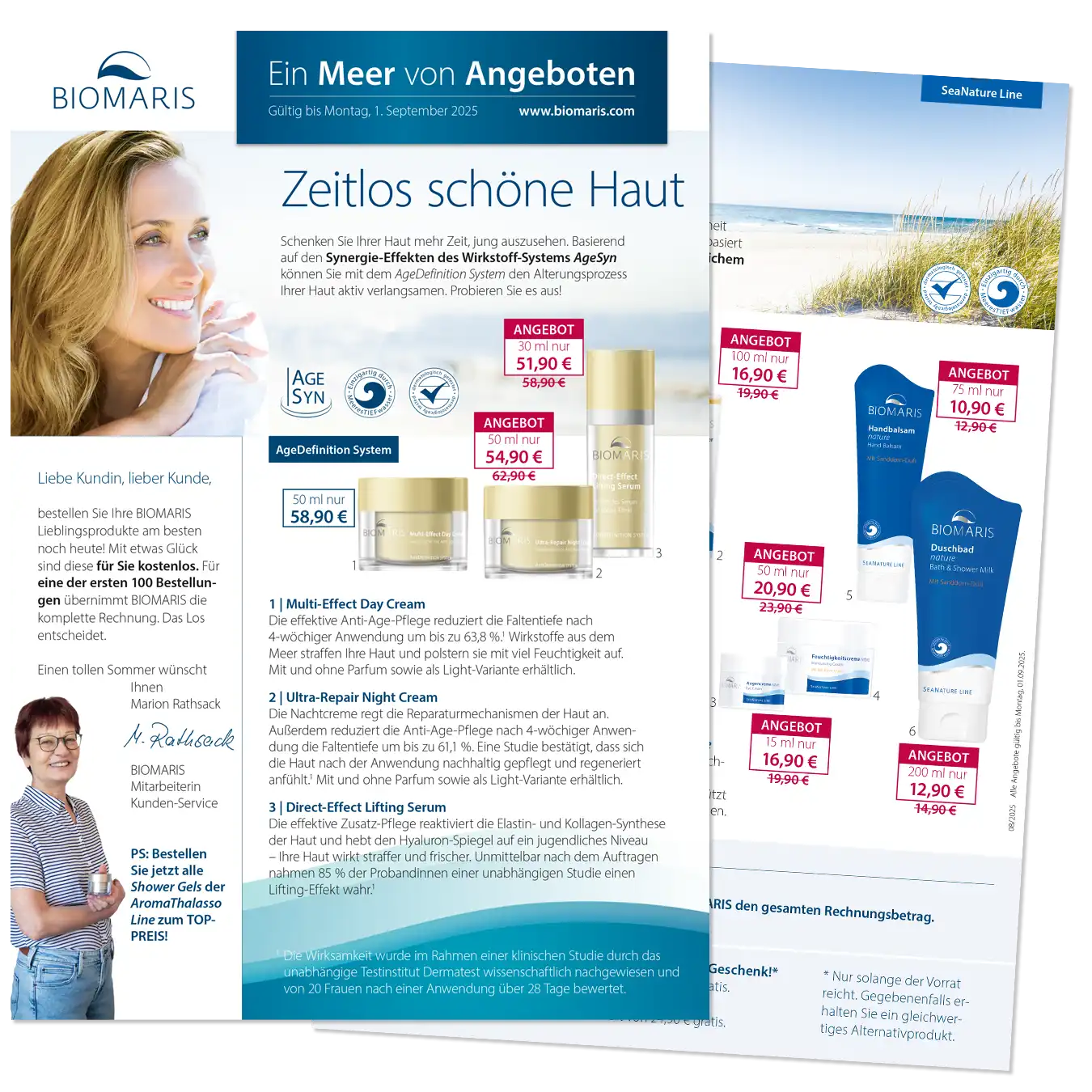 Angebotsflyer mit Pflegeprodukten und Rabattpreisen, zeigt Seite 1 und Seite 2 des aktuellen Mailings