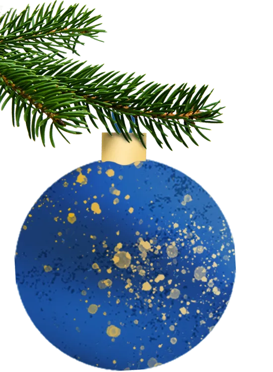 Tannenzweig mit blauer Weihnachtskugel