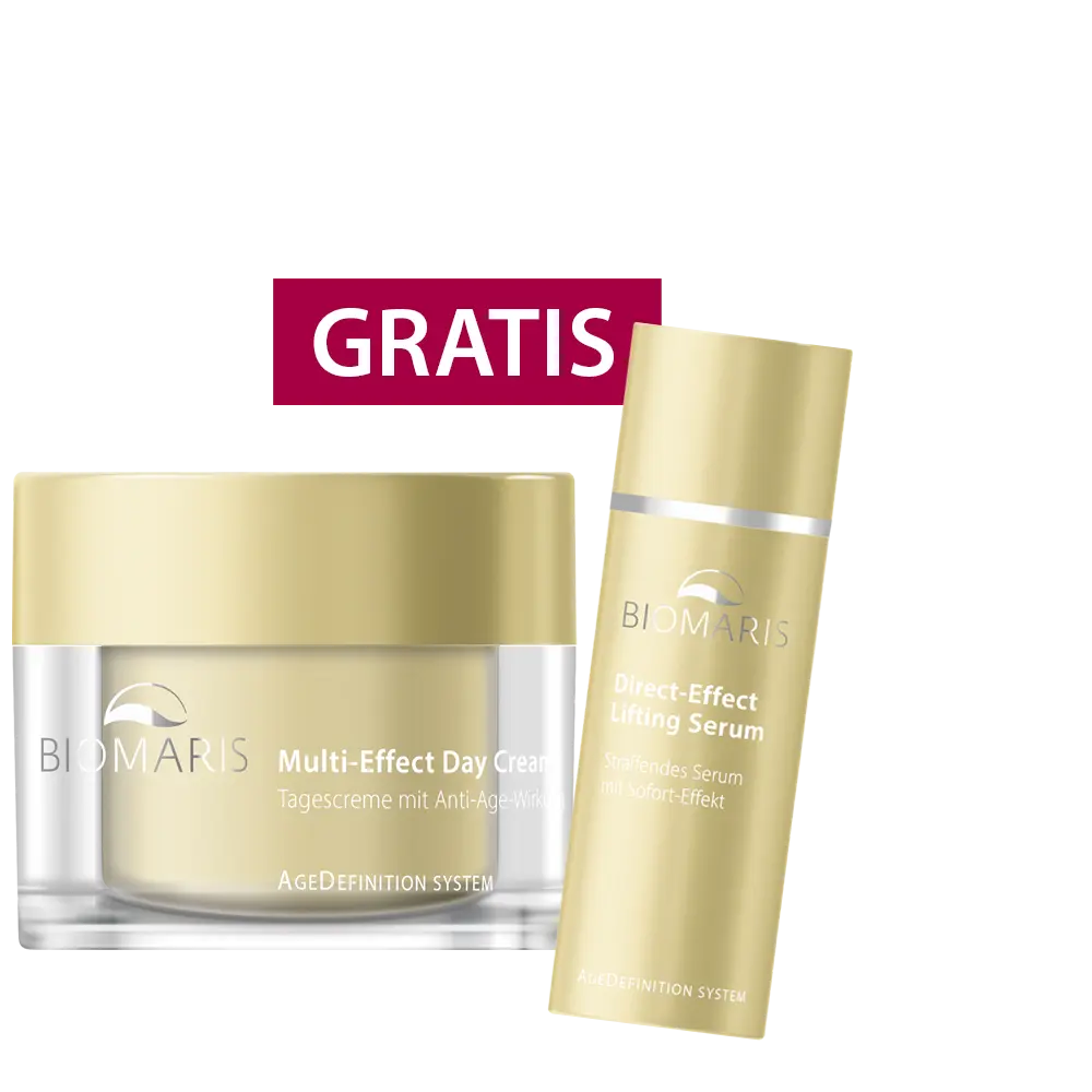 Multi-Effect Day Cream im Glastiegel mit Schraubverschluss, Direct-Effect Lifting Serum im Pumpspender, „GRATIS“-Banner