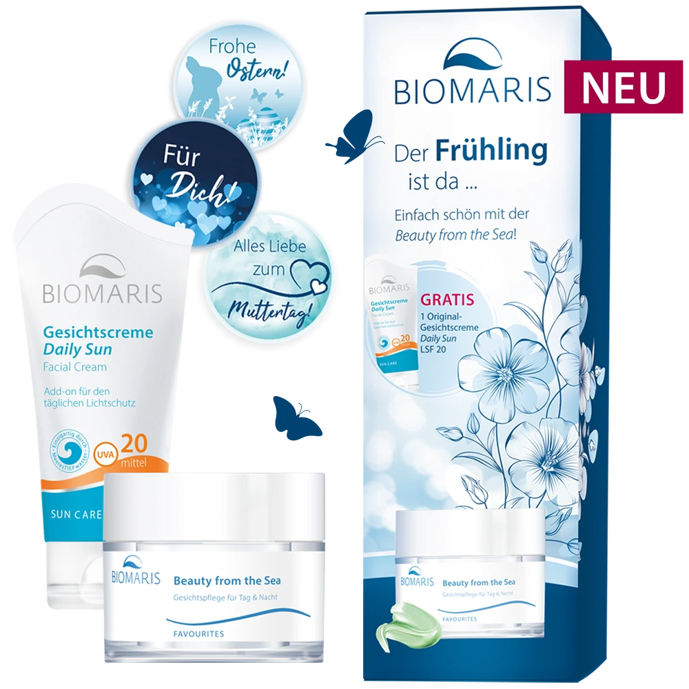 BIOMARIS Frühlingsbox Limited Edition mit zwei Produkten und drei Gratis-Aufklebern, frühlingshaft gestaltet.