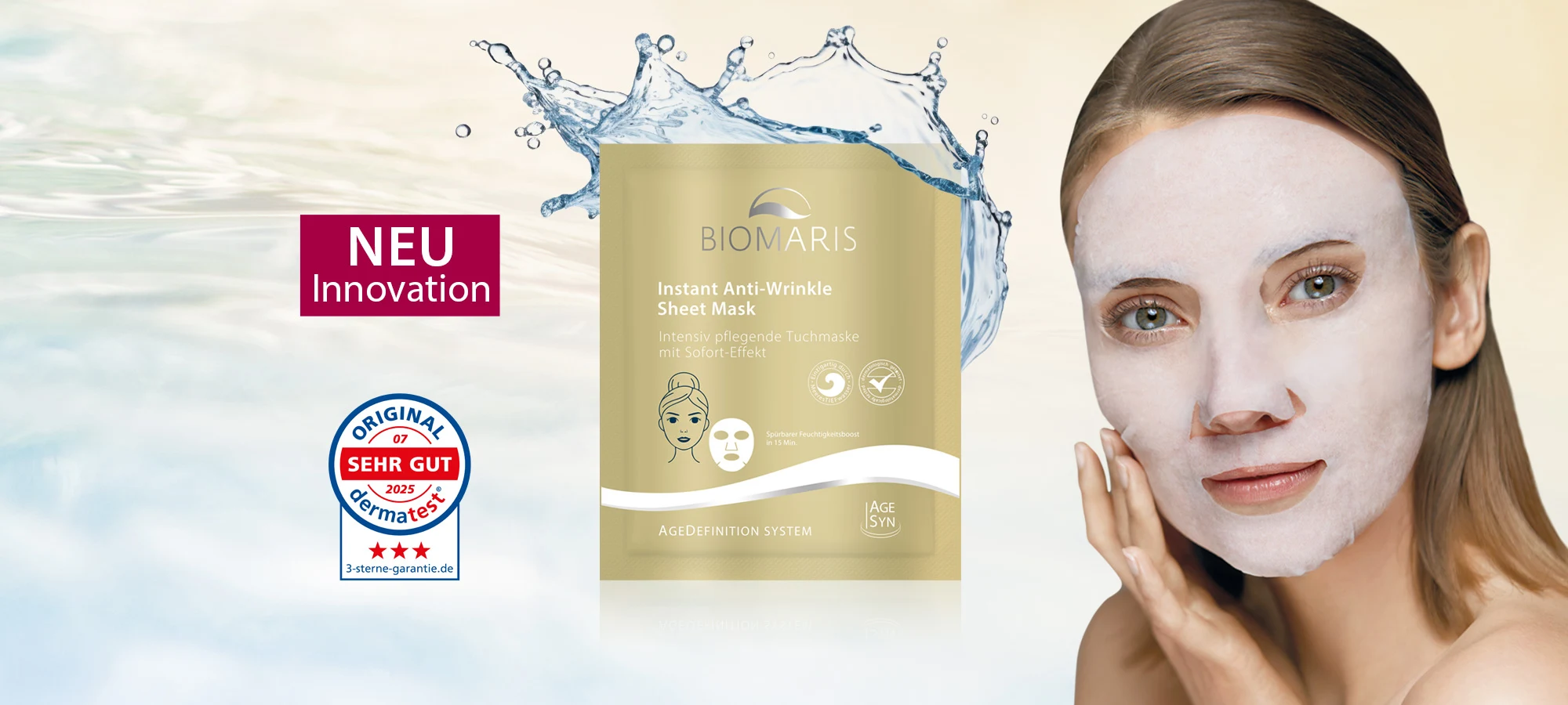 Goldfarbenes Sachet der Instant Anti-Wrinkle Sheet Mask, danaben eine Frau mit Tuchmaske im Gesicht. Dermatest Siegel und Neu Innovation Label.