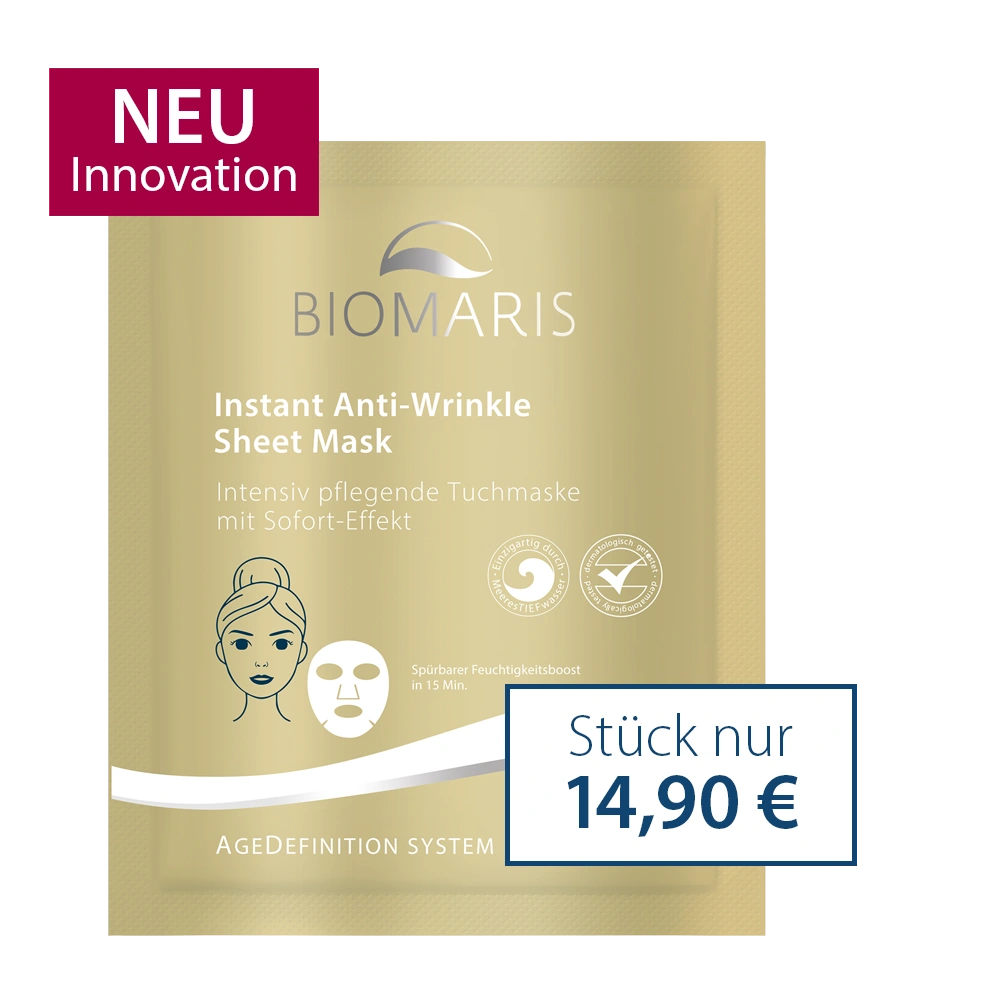 Instant Anti-Wrinkle Sheet Mask im goldfarbenem Sachet zum Preis 14,90 € mit Zusatz "Neu Innovation".