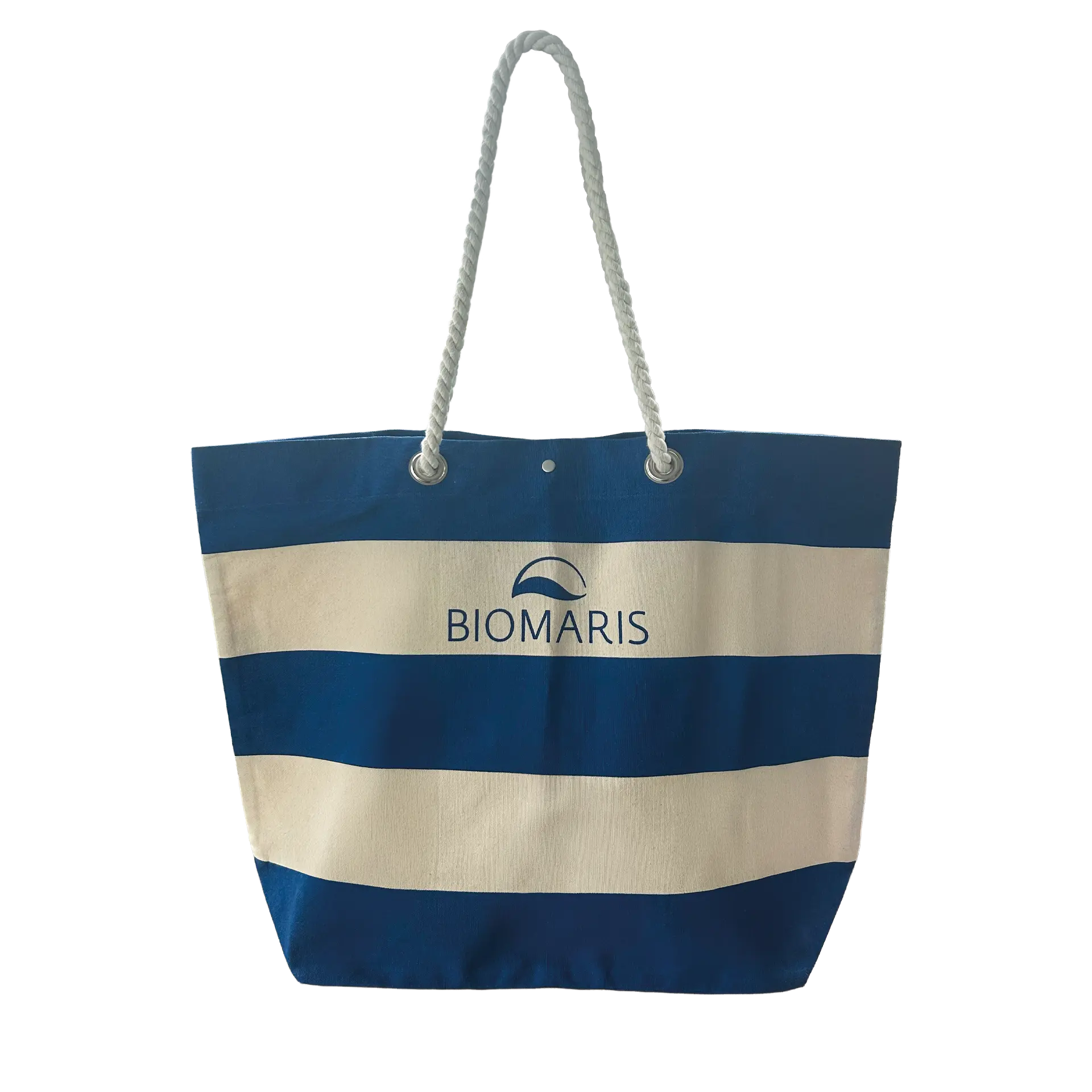 Strand-Tasche, Canvas Tasche, gestreifte Tasche, Seilhenkel, BIOMARIS-Logo