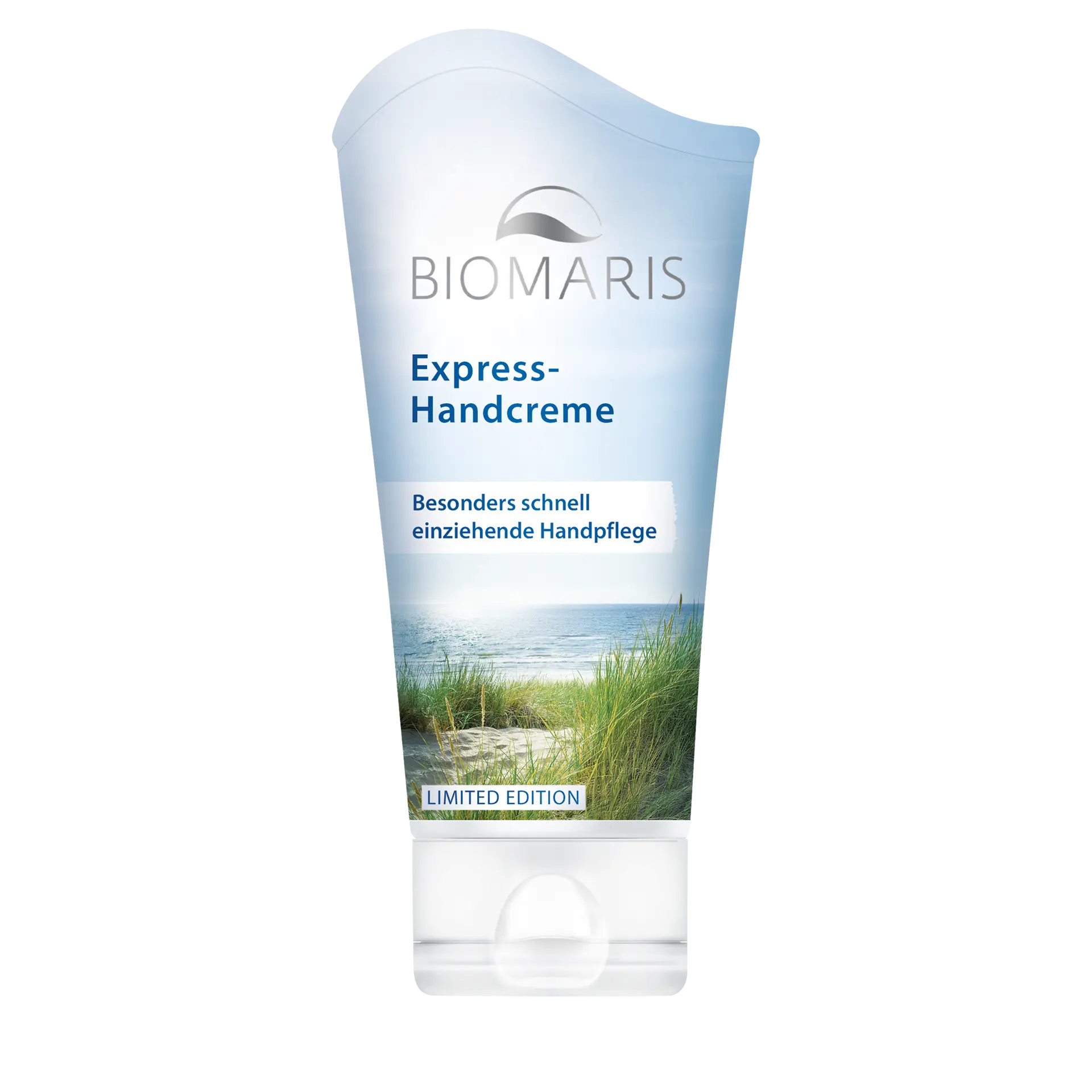 Tube Biomaris Express-Handcreme mit Küstenmotiv, beschriftet als schnell einziehende Handpflege, Limited Edition.