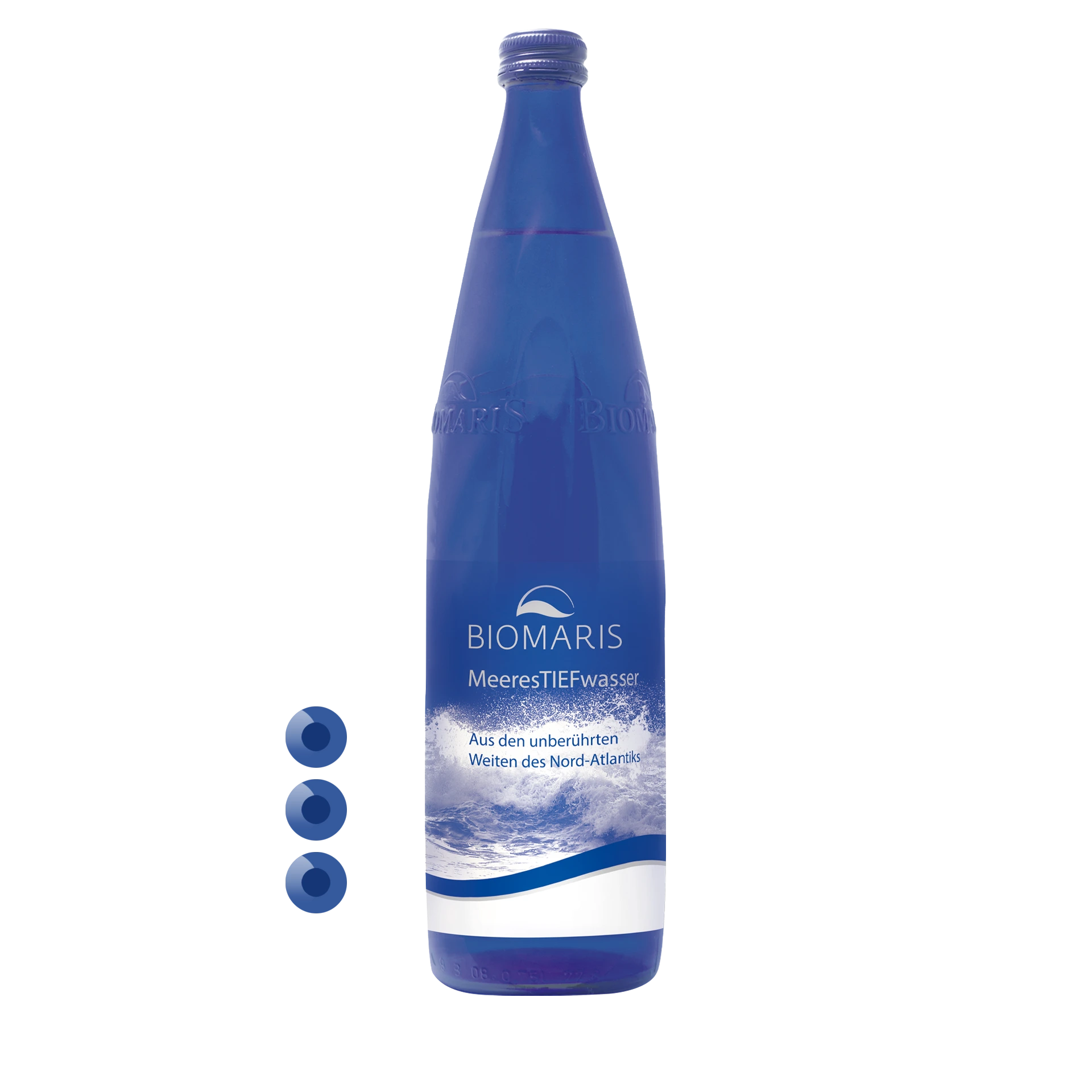 MeeresTIEFwasser 3er MeeresTIEFwasser 3er, blaue Glasflasche mit Etikett, Darstellung von 3 Flaschen im Karton