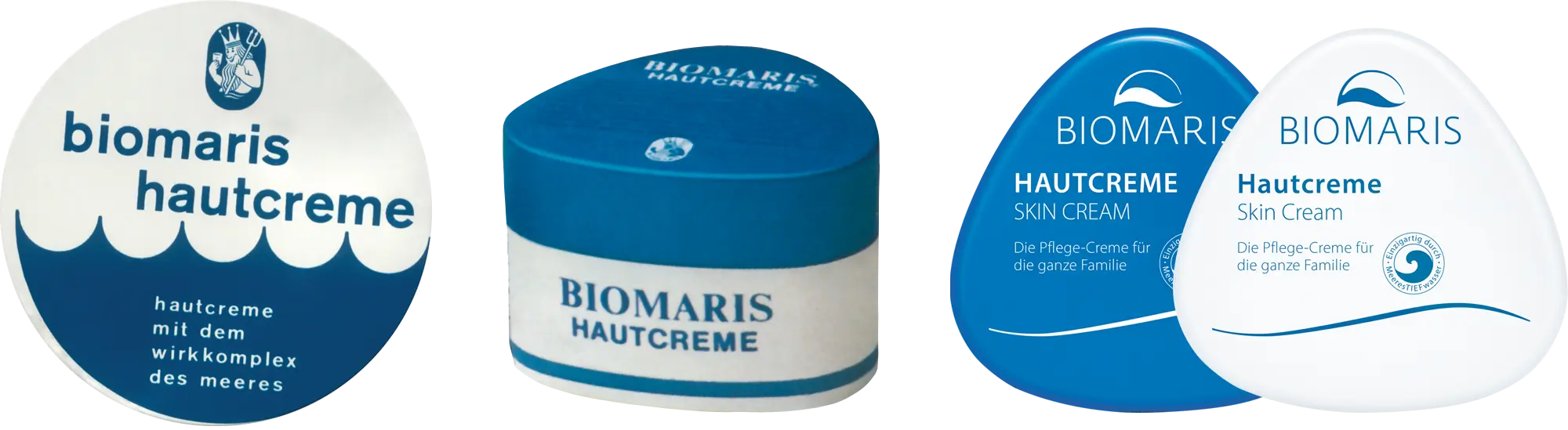 BIOMARIS Hautcreme damals & heute Entwicklung der Verpackung der Biomaris Hautcreme von runder Dose bis zur heutiger Dreiecksdose.