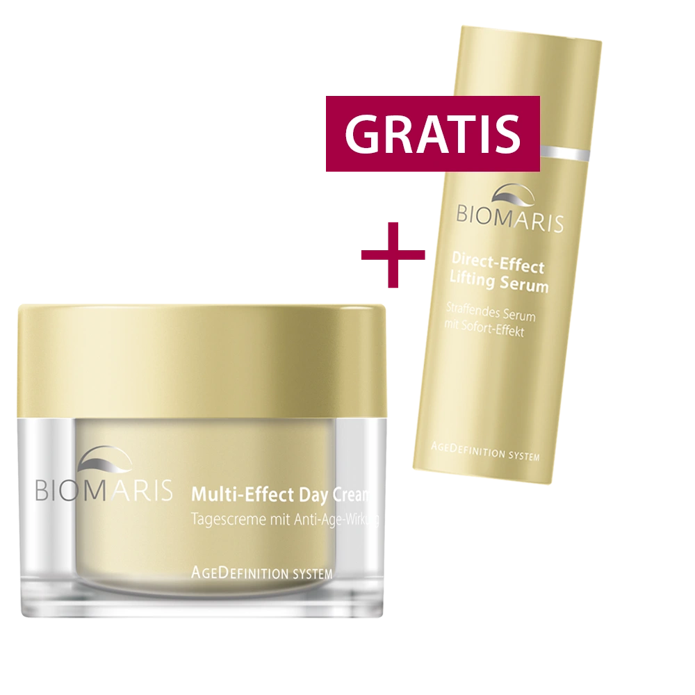 Multi-Effect Day Cream im Tiegel und Direct-Effect Lifting Serum in 10ml Sondergröße nebeneinander