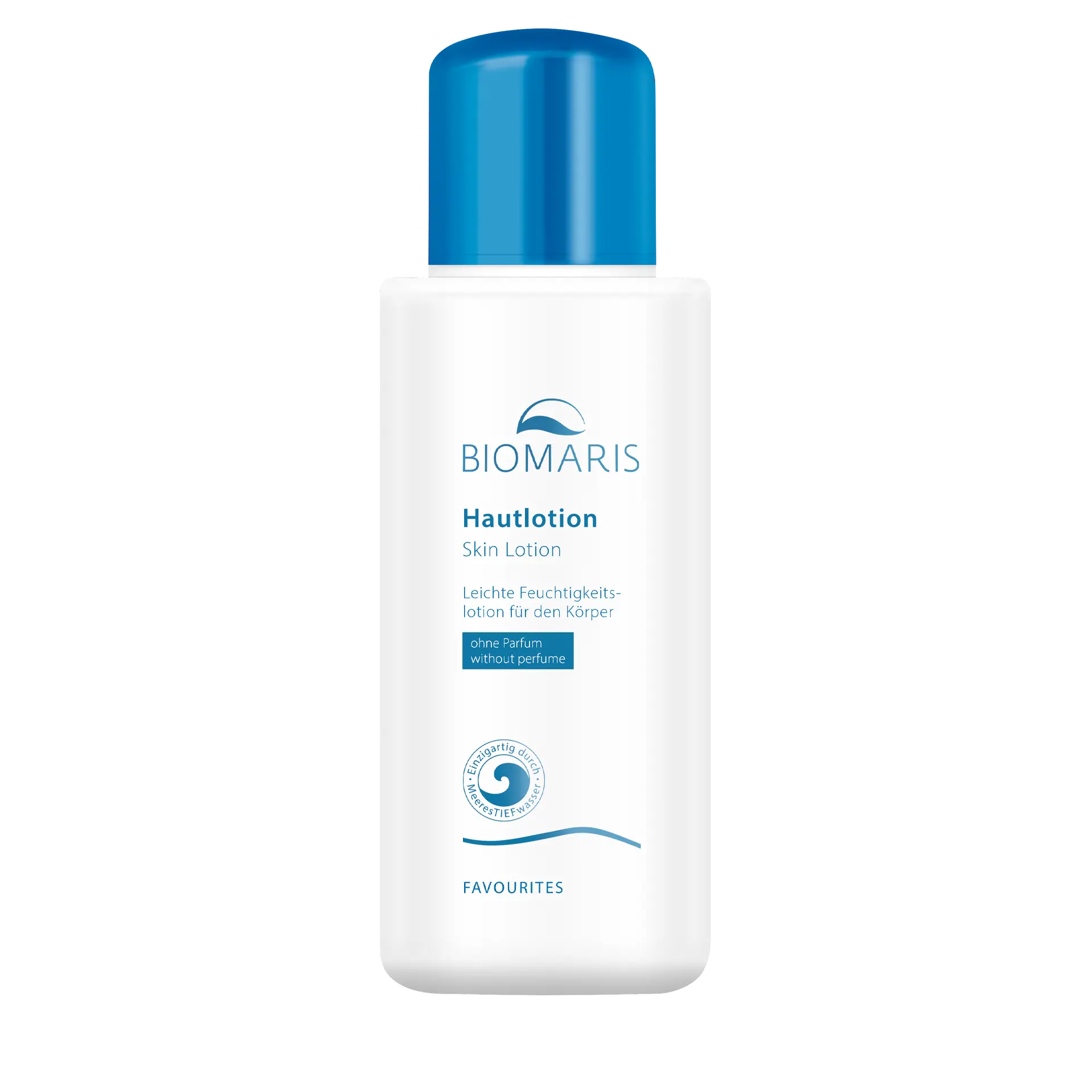 Hautlotion ohne Parfum Hautlotion ohne Parfum in weißer dreieckiger Flasche mit blauem Schraubverschluss