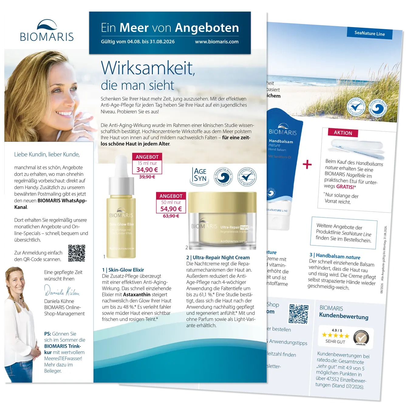Ein Meer von Angeboten Angebotsflyer mit Pflegeprodukten und Rabattpreisen, zeigt Seite 1 und Seite 2 des aktuellen Mailings