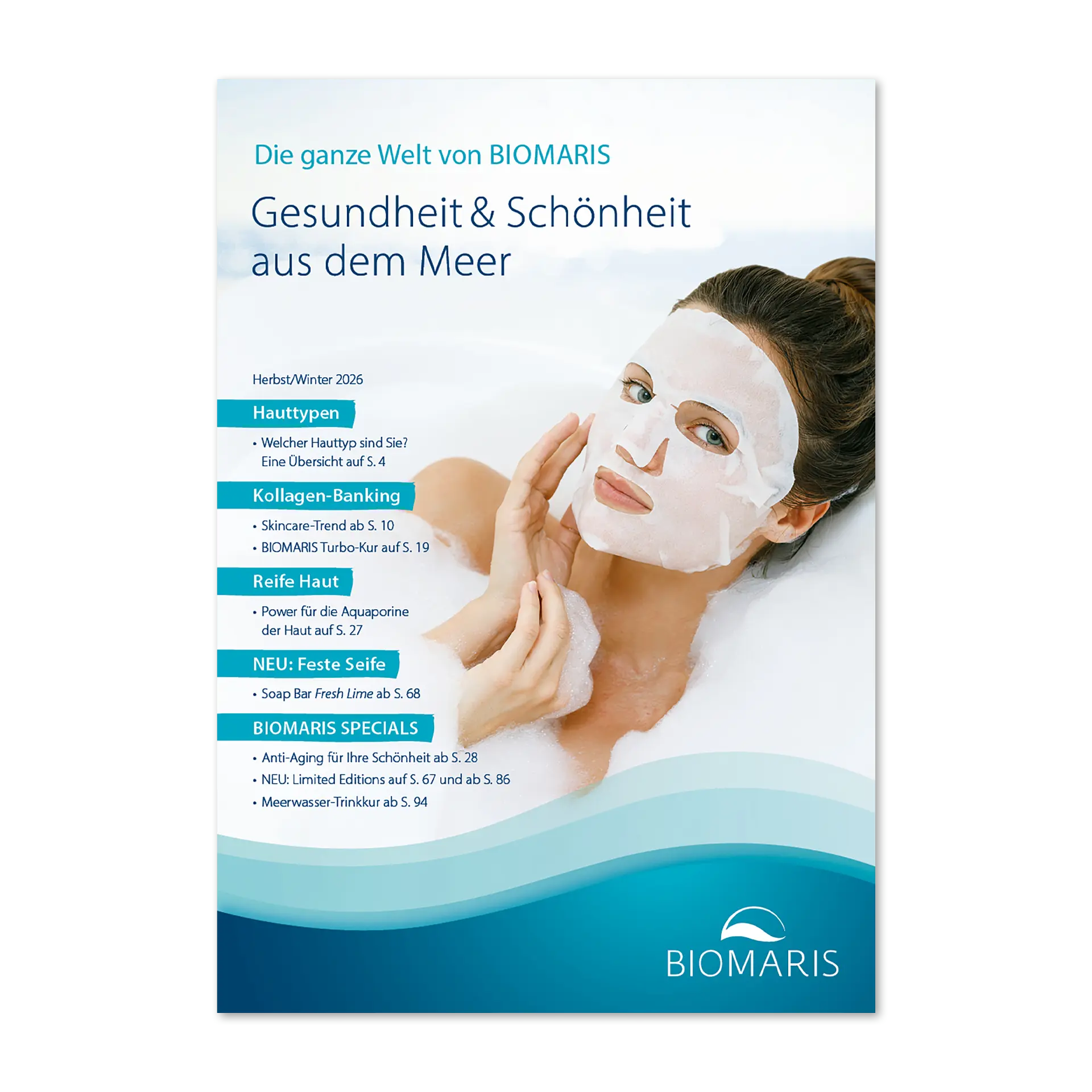 Titelseite des Herbst/Winter-Katalogs 2026 mit einer Frau, die in der Wanne liegt und eine Gesichtsmaske trägt