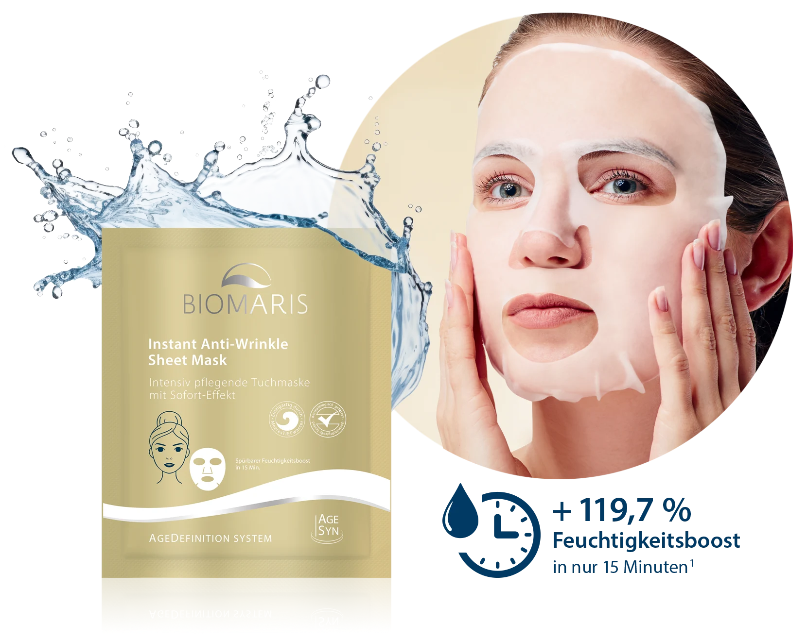Goldfarbenes Sachet mit Wassersplash, Text '119,7 % Feuchtigkeitsboost in nur 15 Minuten' und Frau mit Tuchmaske im Gesicht., Sheet Mask, Anti-Wrinkle, Hydrating, Gold Pack, Biomaris