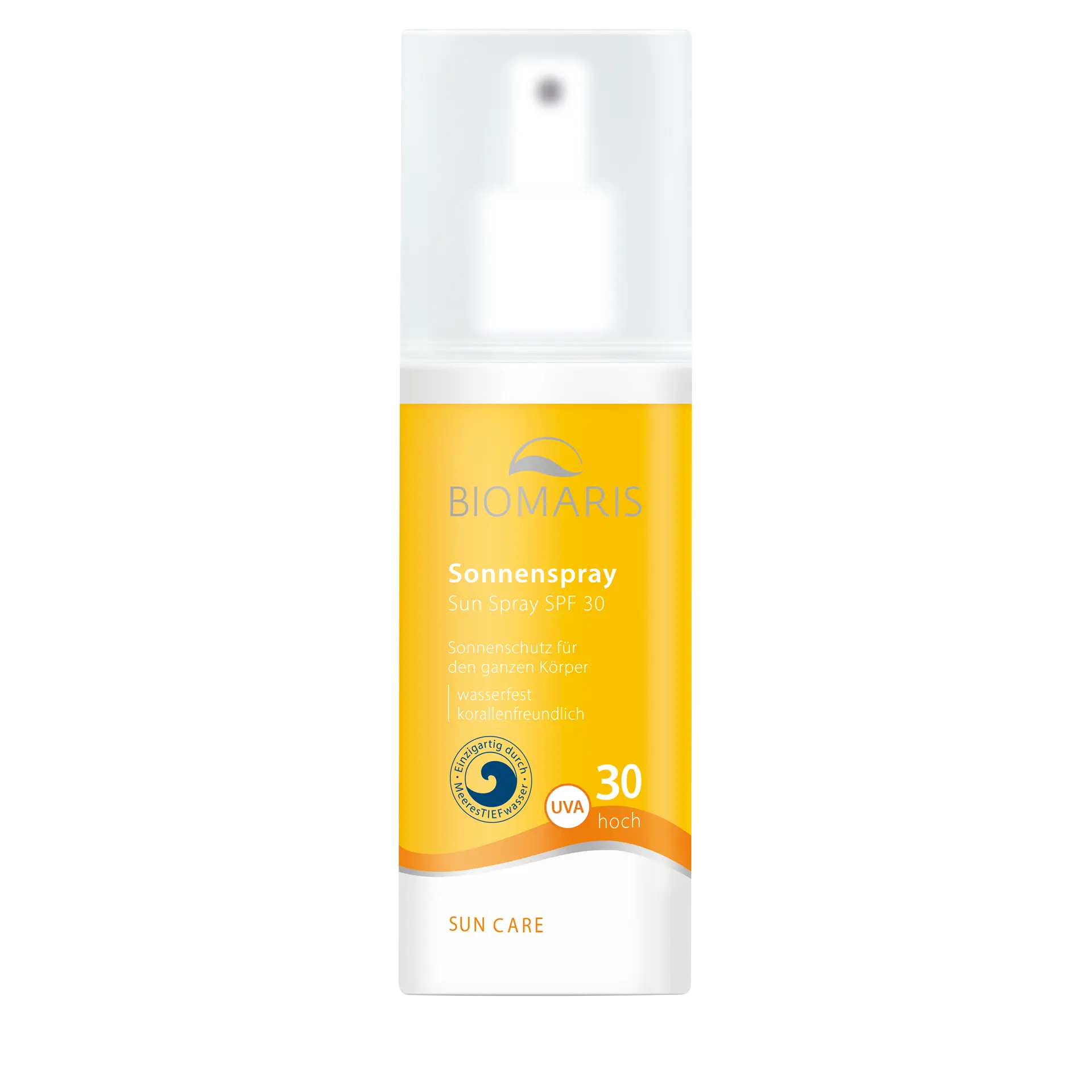 Sonnenspray LSF 30 im gelben Pumpzerstäuber mit transparenter Kappe, Sonnencreme, Sonnenschutz, SPF 30, Spray, Körperpflege