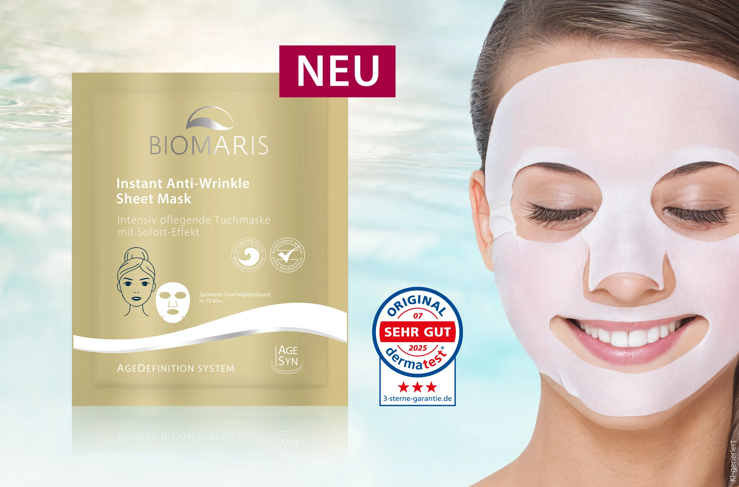 Neu Instant Anti-Wrinkle Sheet Mask, daneben Gesicht einer Frau mit aufgelegter Tuchmaske. KI-generierte Darstellung einer Person.