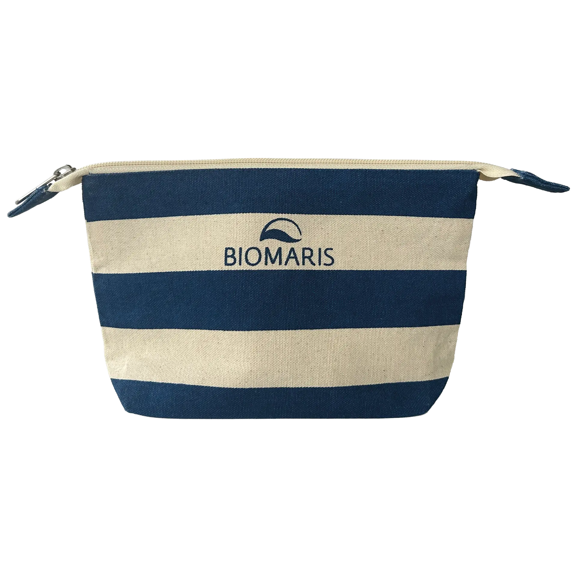 Kosmetiktasche mit dunkelblauen und naturfarbenen Streifen und BIOMARIS Logo