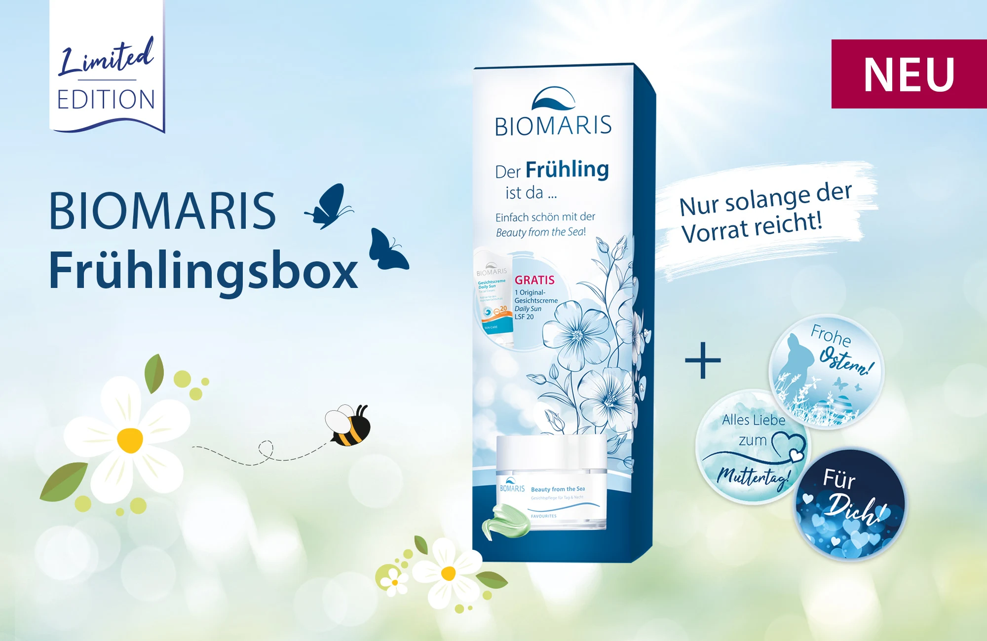 BIOMARIS Frühlingsbox Limited Edition mit zwei Produkten und drei Gratis-Aufklebern, frühlingshaft gestaltet.