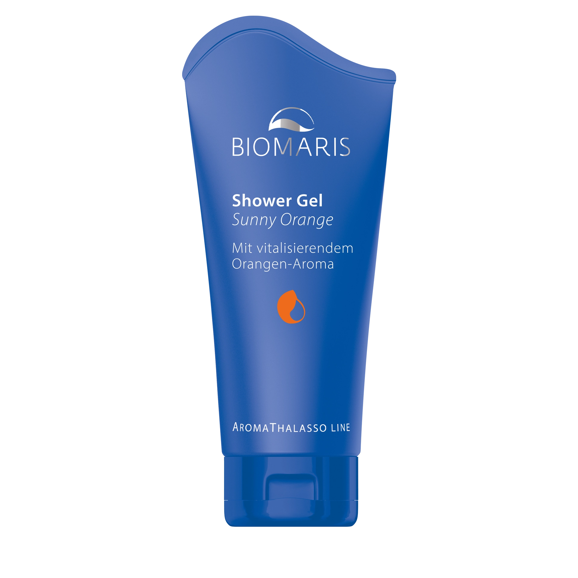 Shower Gel Sunny Orange Shower Gel Sunny Orange in blauer Tube mit Klappdeckel, vor halbierter Orange