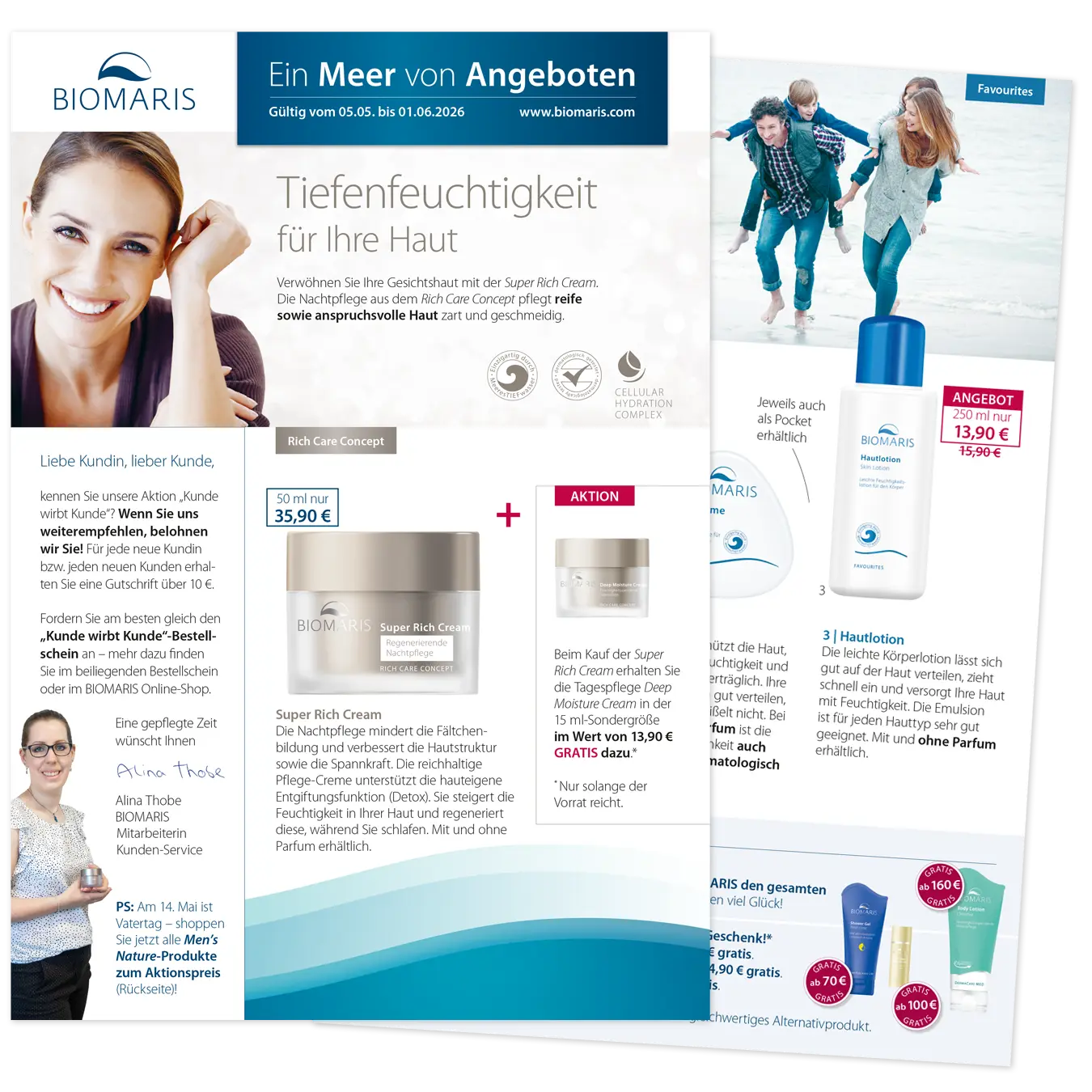 Angebotsflyer mit Pflegeprodukten und Rabattpreisen, zeigt Seite 1 und Seite 3 des aktuellen Mailings