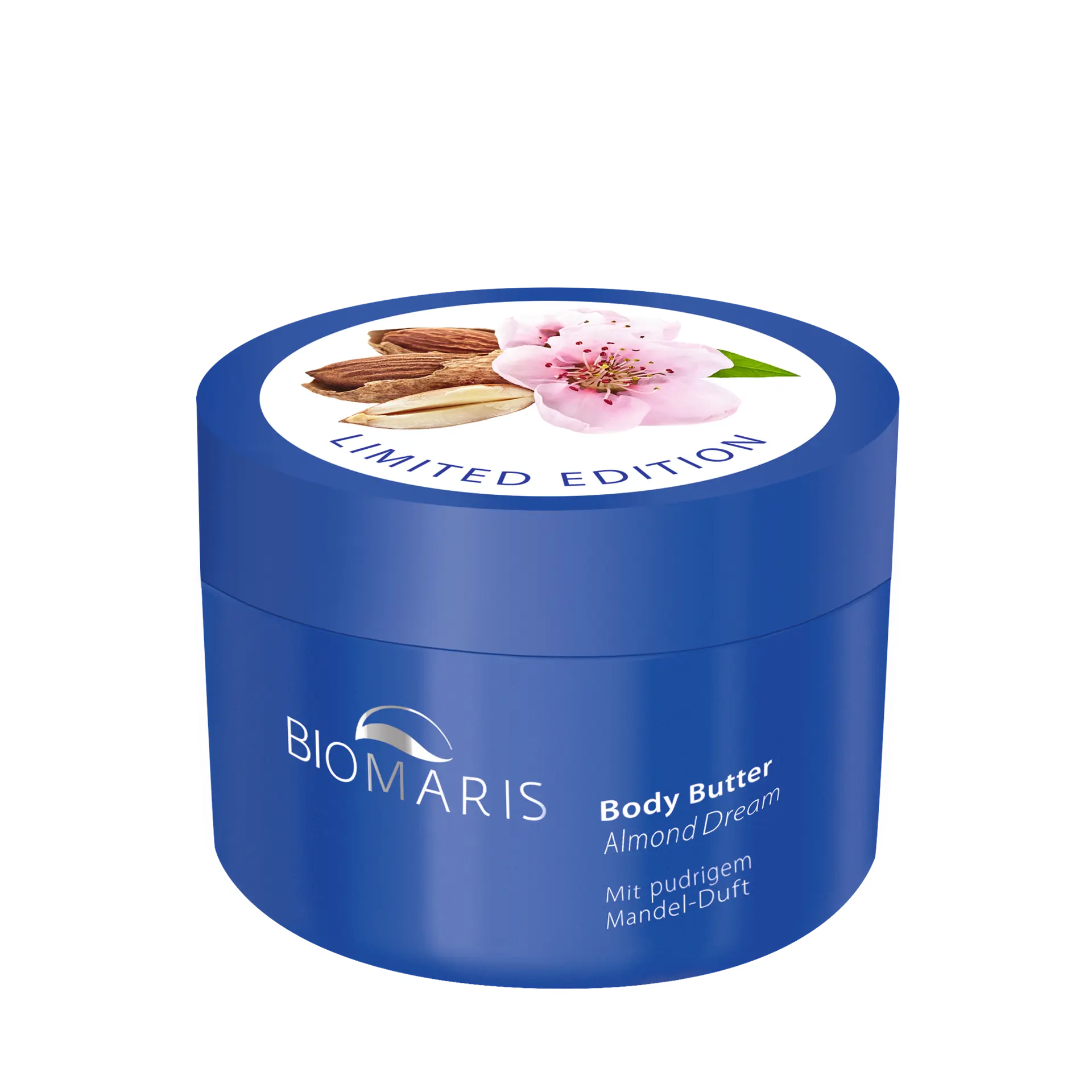 Body Butter Almond Dream in blauem Tiegel mit Schraubverschluss, mit Mandelblüte und „Limited Edition“-Kennzeichnung, 100 ml