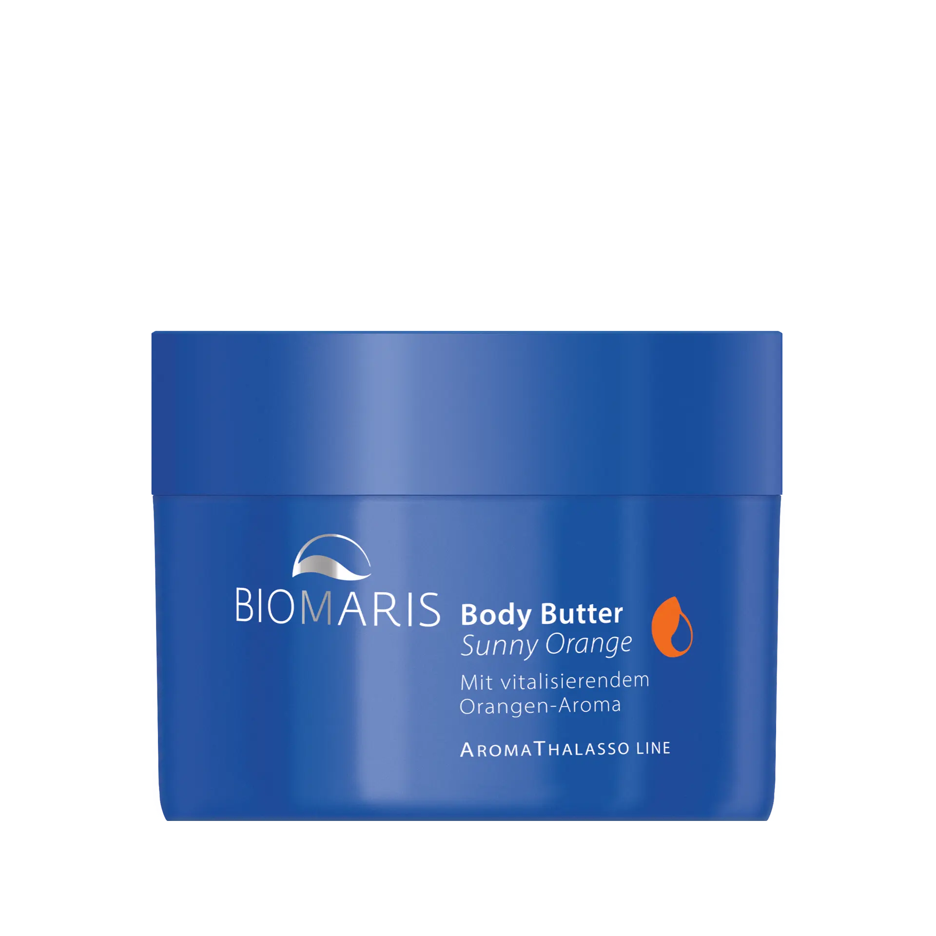 Body Butter Sunny Orange in blauem Tiegel mit Schraubverschluss, vor halbierter Orange, Body Butter, Sunny Orange, Orangen-Aroma, AromaThalasso Line, Biomaris