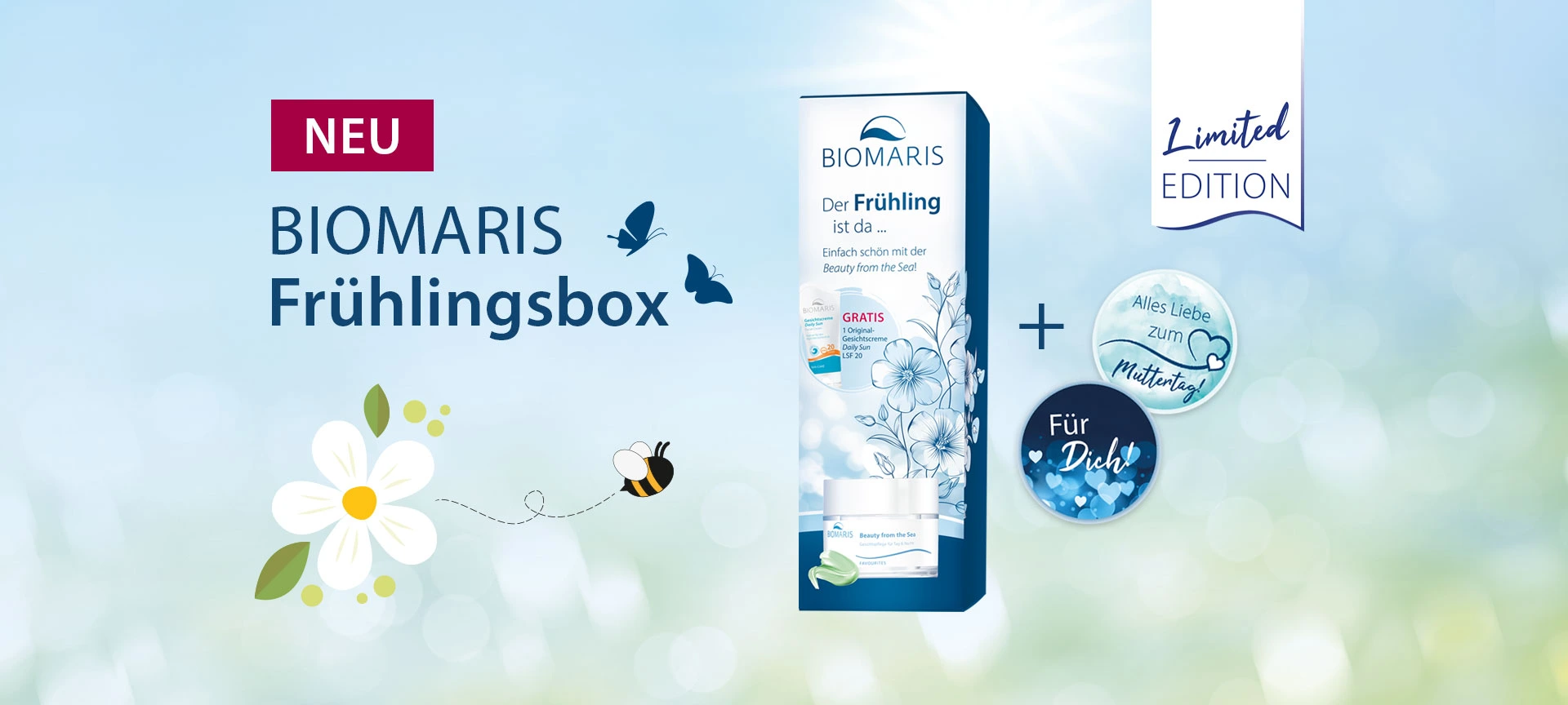 BIOMARIS Frühlingsbox Limited Edition mit zwei Produkten und drei Gratis-Aufklebern, frühlingshaft gestaltet.