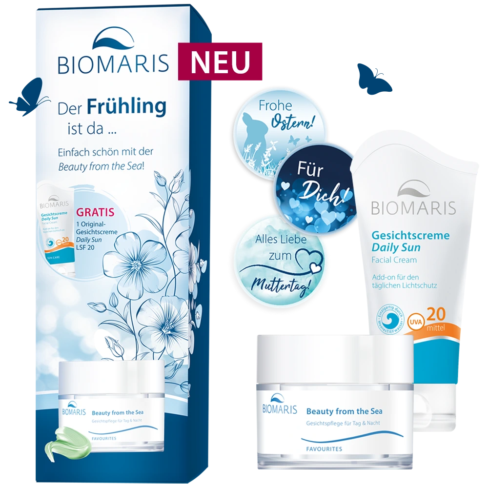 BIOMARIS Frühlingsbox Limited Edition mit zwei Produkten und drei Gratis-Aufklebern, frühlingshaft gestaltet.