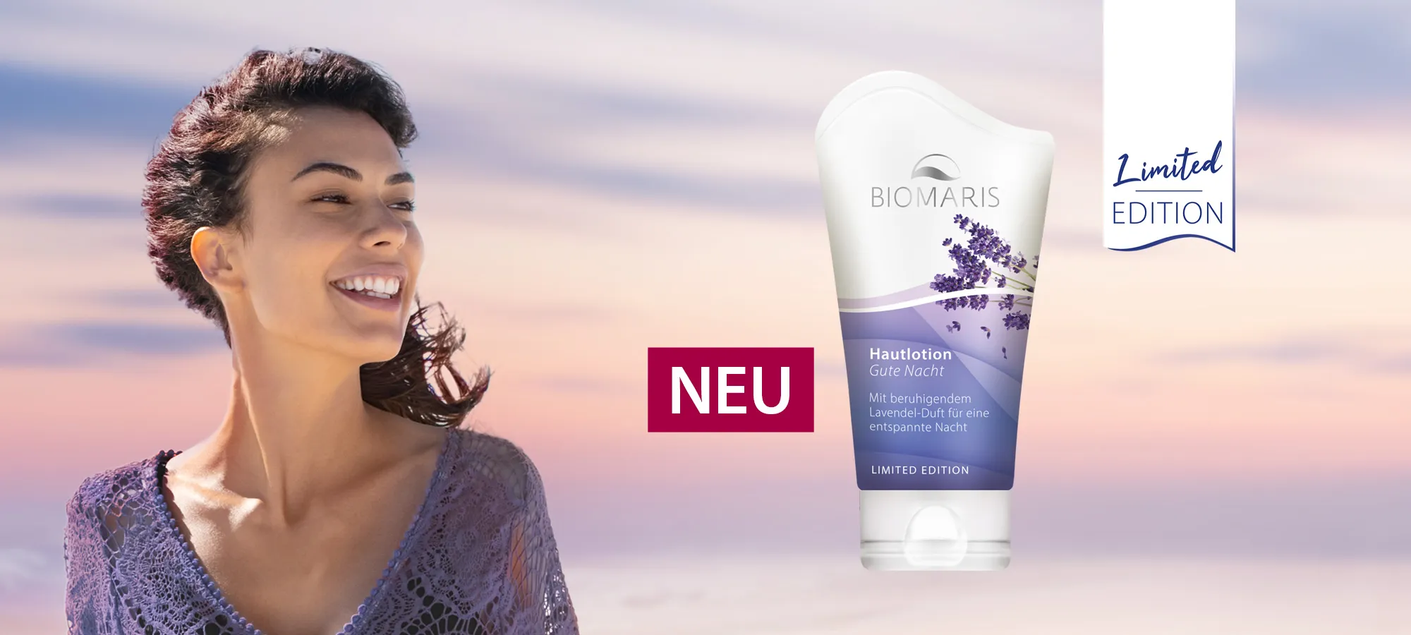 Hautlotion Gute Nacht in Tube mit Klappdeckel, daneben eine Frau vor Sonnenuntergang und Schriftzug „NEU“ und „Limited Edition“