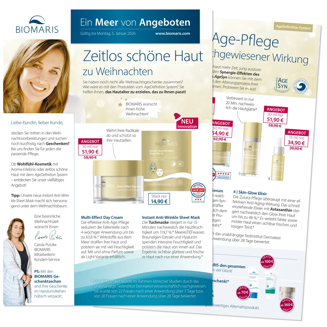 Angebotsflyer mit Pflegeprodukten und Rabattpreisen, zeigt Seite 1 und Seite 2 des aktuellen Mailings