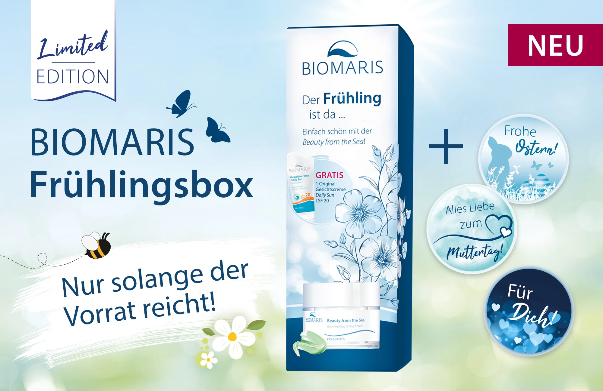 BIOMARIS Frühlingsbox Limited Edition mit zwei Produkten und drei Gratis-Aufklebern, frühlingshaft gestaltet.