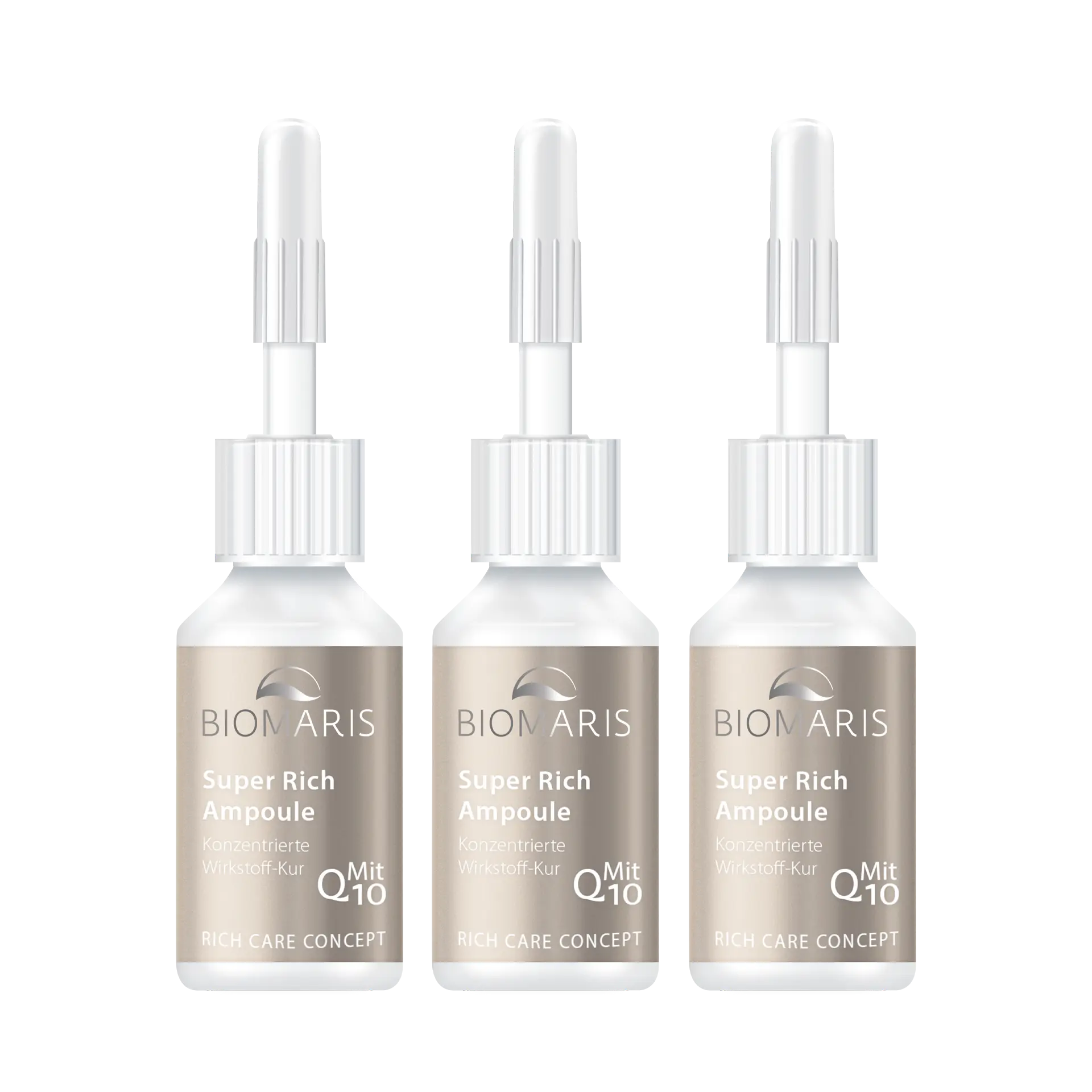 Drei Super Rich Ampoules in schlickfarbenen Ampullen mit Q10 , ampoule, serum, Hautpflege, Konzentrat, Anti-Aging